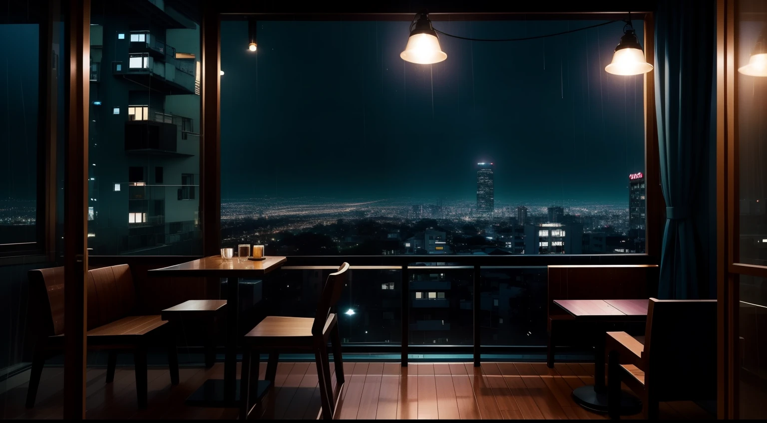Sky from evening to night、Lo-Fi Hip Hop、Cafe with small lights、A few guests、The view outside the window is a residential area、Silence、It's raining a little、