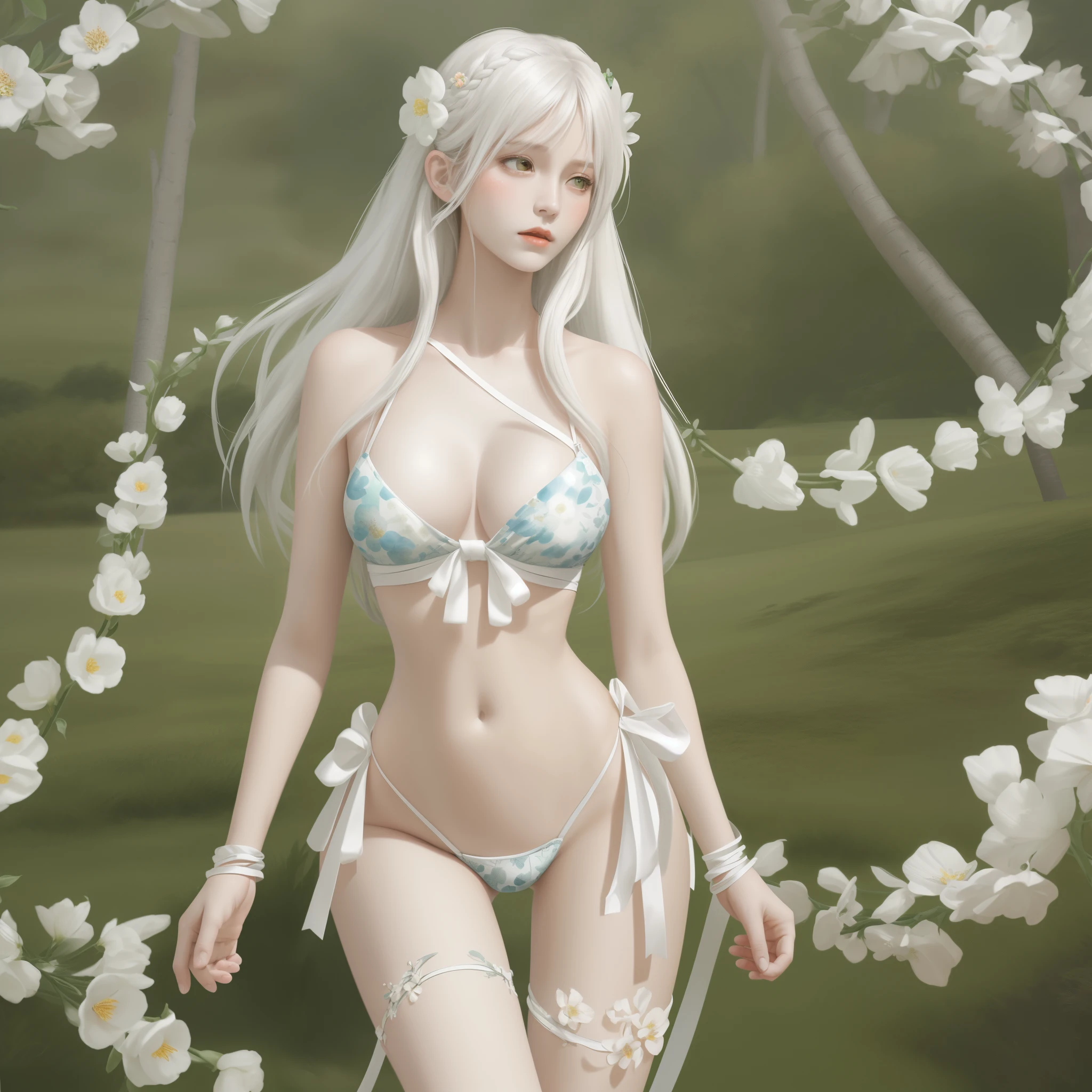 Correct human anatomy,Milky skin,floral ribbon hair accessories,Naked adult females,Barefoot,Large breasts,narrow hips,The waist is short,,vaginal thrust,Nordic landscape,