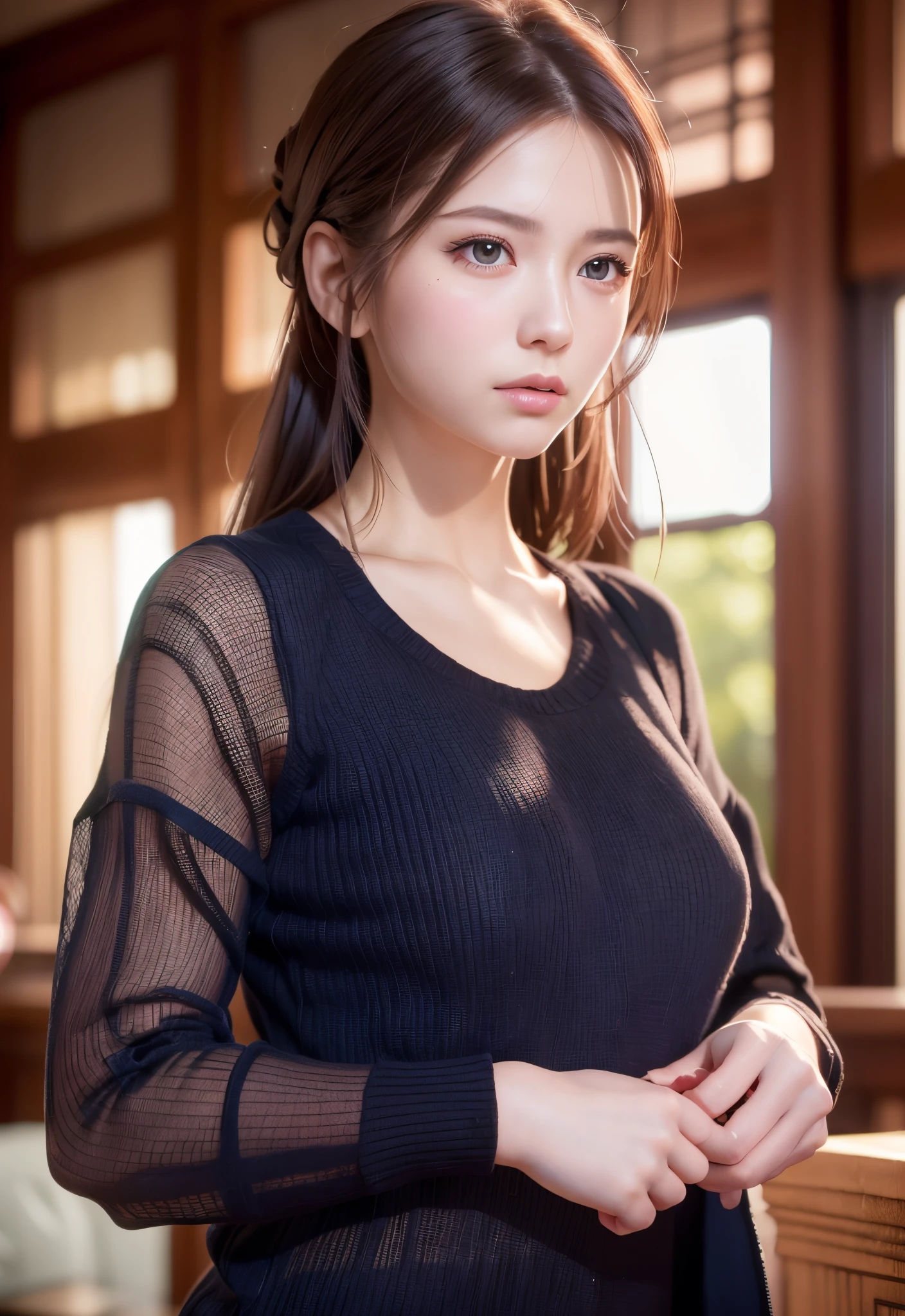 8K, of the highest quality, masutepiece:1.2), (Realistic, Photorealsitic:1.37), of the highest quality, masutepiece, Beautiful young woman, Pensive expression, Thoughtful look, Elegantly dressed, Hair tied back, Messy mood, Cinematic background, Tired, Light skin tone