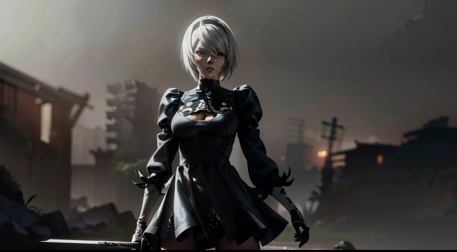 ass pov, Camera from above, Overhead view, There is only one girl in the frame, ass pov, close - up photo, It's working, fighting posture, sexypose, woods, Ruins, water fall, shapely legs, White Hair Bob, ashy hair, The eyes are covered with a bandage, Cyan eyes, black dress with a short skirt, short black skirt, Upskirt, neckline on the chest, white panty, black stockings, high black boots, high-heeled boots, very extremely beautiful, Small firm buttocks, Slender figure, Full-length(Body Full 1.1),Game nier automata, ruined city, The city, overgrown with plants, Ruins, high detail official illustrations, ((beautiful fantasy girl)),Red Small Breasts, Her breasts are sticking out from under her clothes, (Master Part: 1.2), Best Quality, High Resolution, photorealestic, photogenic, Unity 8k壁纸, (illustartion: 0.8), (Beautiful detailed bluish-gray eyes: 1.6), extremely detailed face, perfect lighting, extremely detailed CGI , (perfect arms, perfect anatomy), A girl with perfect breasts, beatiful face, master study, intricate details, Detalhes realistas, the anime, (Based on nier automata) the perfect body, The Perfect Girl, perfect details, Ultra HD |, 8K, Professional photo, Anime Style 2B,