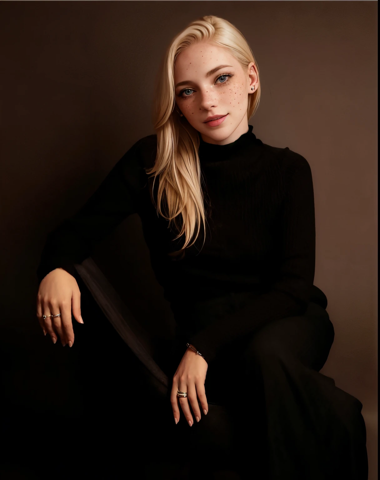 mulher, americana, 25 anos, pale skin and freckles, olhos cinzas, nariz delicado, soft and delicate lips, Cabelo blondie cinza longo e ondulados, sorriso meigo