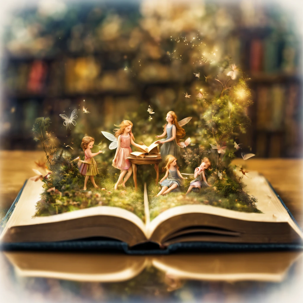 Double exposure photo, bringing together a small fairyland with fairies and an open book, an open book lies on the table, inside the open book is a fairyland with fairies with their own details, clearly inscribed within the open book, High depth of field, Doubleexposure, Extremely realistic, Extremely detailed, cinematic treatment, HDR, Photorealistic (Doubleexposure:1.2)