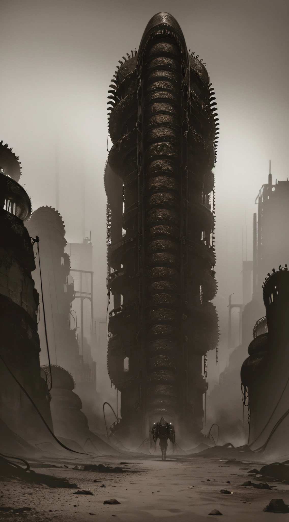 ((gloomy tentacle horror biopunk atmosphere)), lots of grey sand, gloomy hot desert, abandoned sorrow desert wasteland landscape, (scorn videogame style), horror atmosphere, presence of something terrible, highly detailed biopunk background, background by Hans Giger, masterpiece