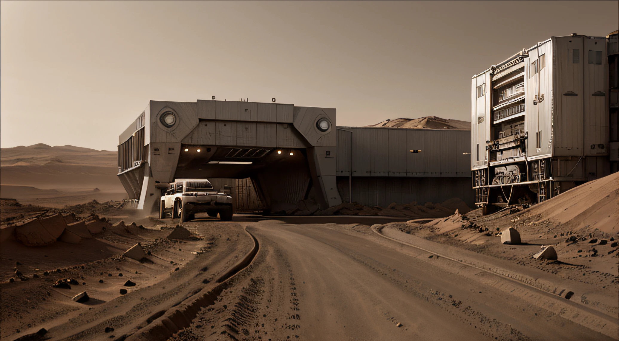 On Mars, many engineering vehicles are building Mars scientific research centers and roads. During the day on Mars, basic architectural details, ultra-wide-angle lens, high realism, light and dark contrast,