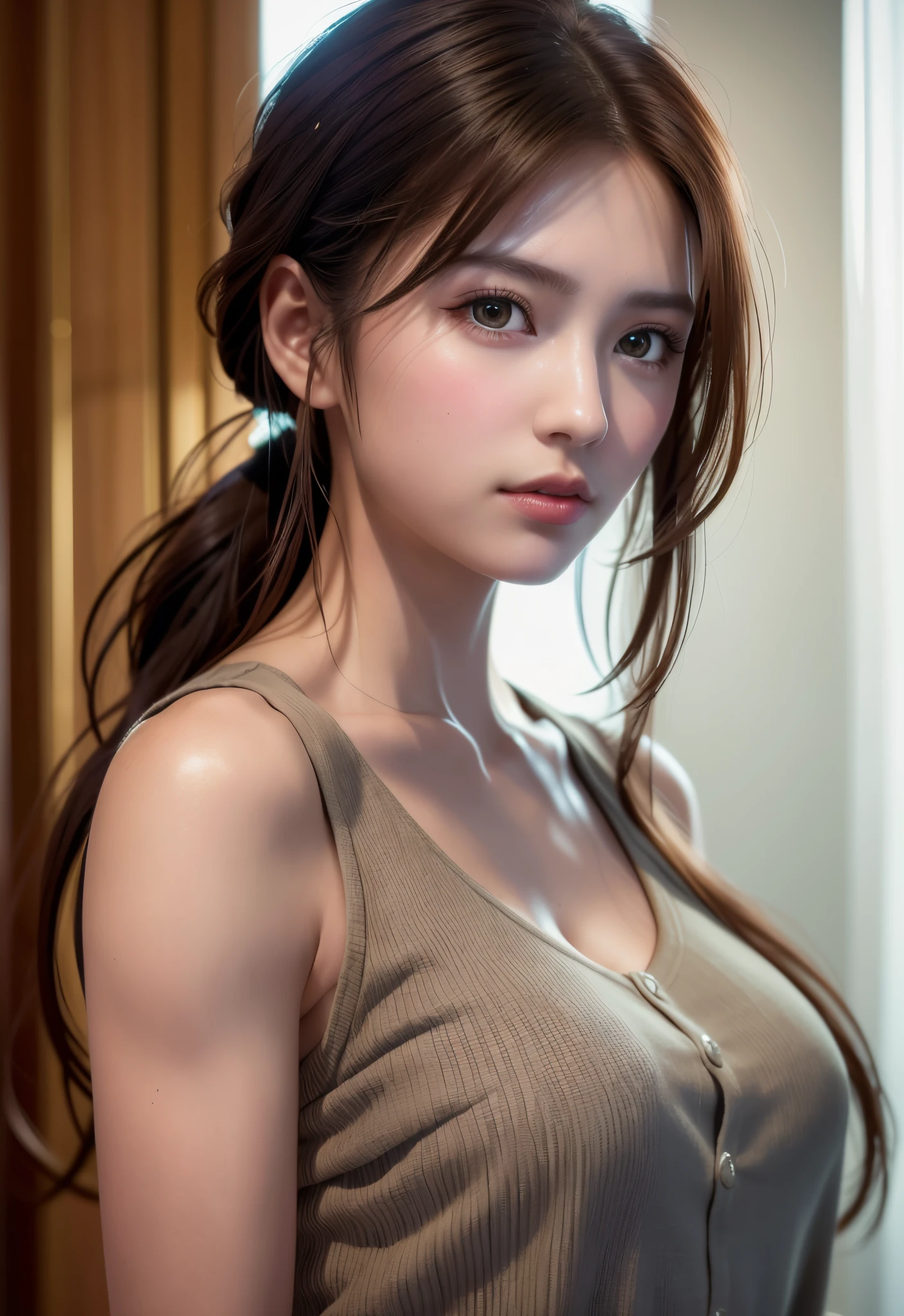 8K, of the highest quality, masutepiece:1.2), (Realistic, Photorealsitic:1.37), of the highest quality, masutepiece, Beautiful young woman, Pensive expression, Thoughtful look, Elegantly dressed, Hair tied back, Messy mood, Cinematic background, Tired, Light skin tone