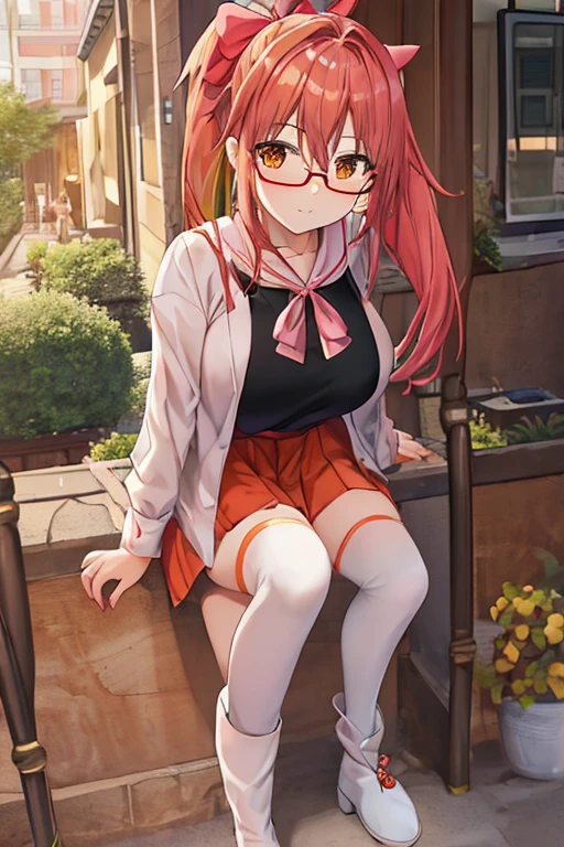 A girl with long pink hair, a side ponytail, orange eyes, big breasts, wearing casual clothes, including a white shirt, a red skirt, a hair bow, glasses, an orange scarf, wearing thighhighs and boots. Looking at cellphone (best quality, full body)