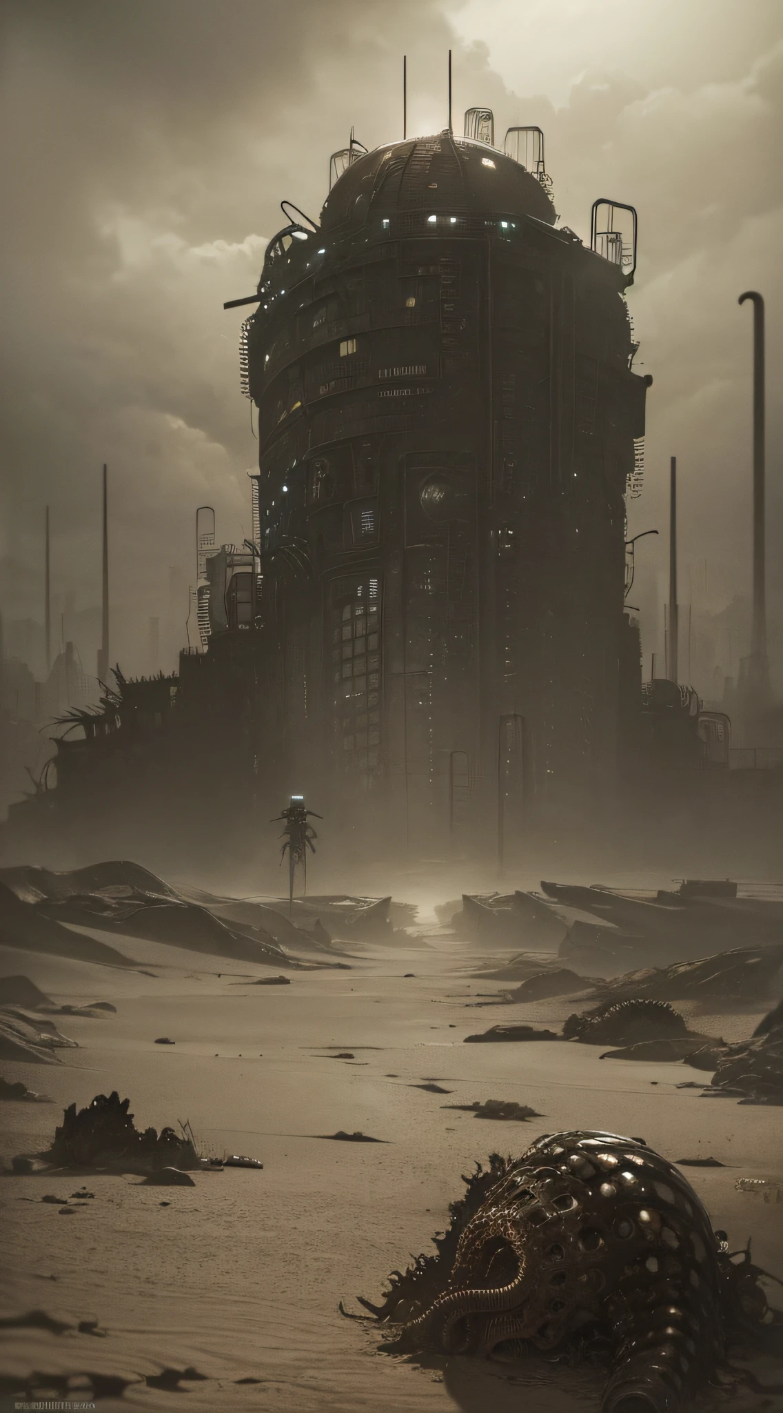 ((gloomy tentacle horror biopunk atmosphere)), lots of grey sand, gloomy hot desert, abandoned sorrow desert wasteland landscape, (scorn videogame style), horror atmosphere, presence of something terrible, highly detailed biopunk background, background by Hans Giger, masterpiece