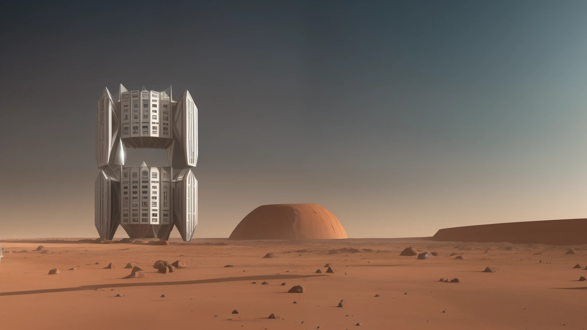 A colony on Mars, 500 years from now. The colony is in the shape of a tower with a futuristic design, shiny materials, polygons, clear lines, and a calm, futuristic design and in the form of a clear rectangular prism. --auto --s2