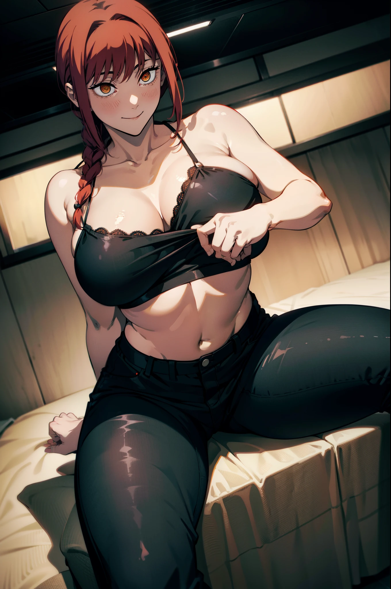 At office, wearing black bra, with red hair and braid,black hot tight jeans , has yellow and spiral eyes, sexy body, big boobs, big tits, ((pov))masterpiece, high resolution,makima\(chainsaw man\) ((perfect hands )) juicy thigs, grabbing breasts,full body,sitting, smiling