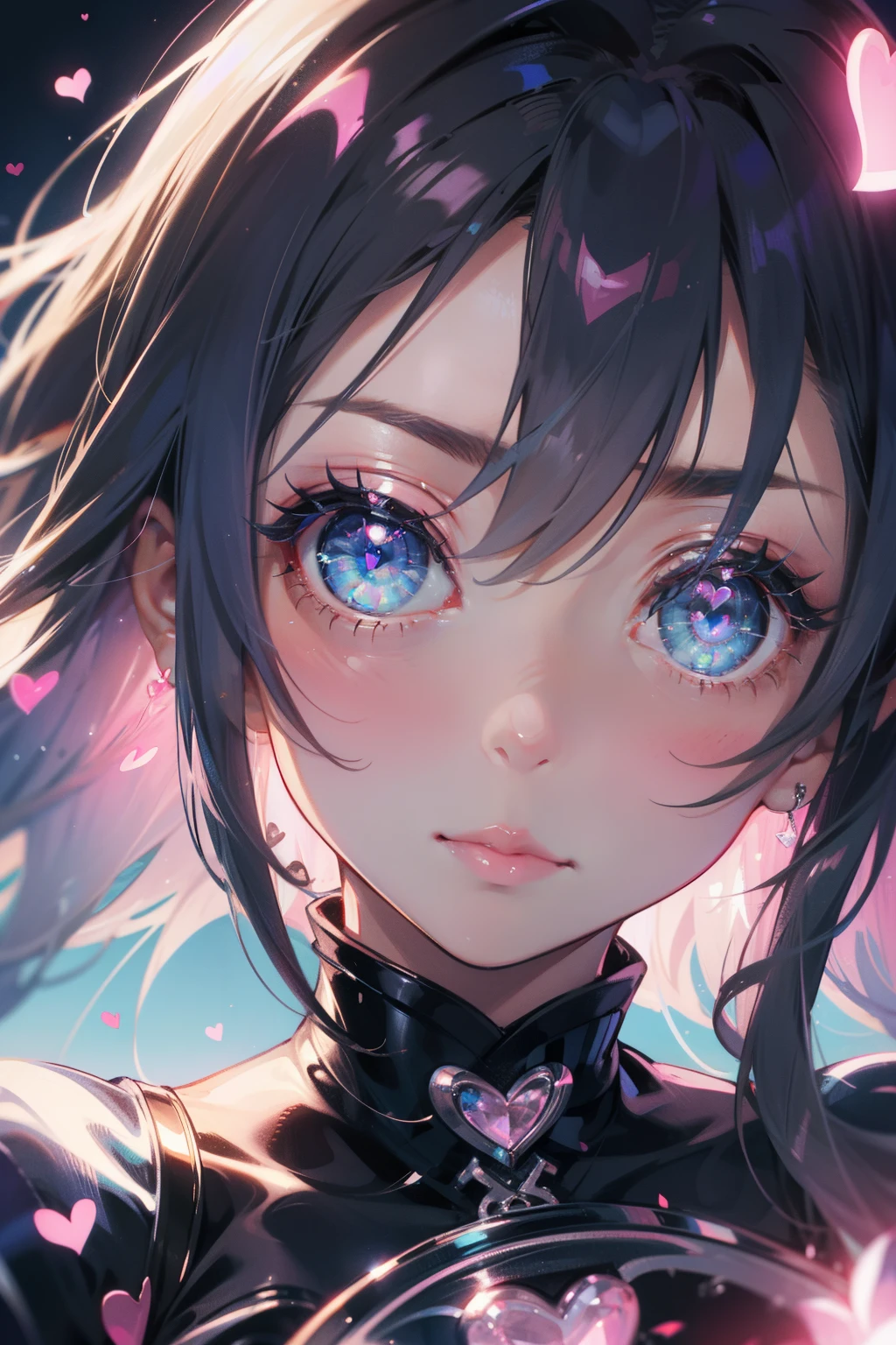 1 girl, Blue eyes, There's a heart in your eyes、eyes close up, pink reflections,