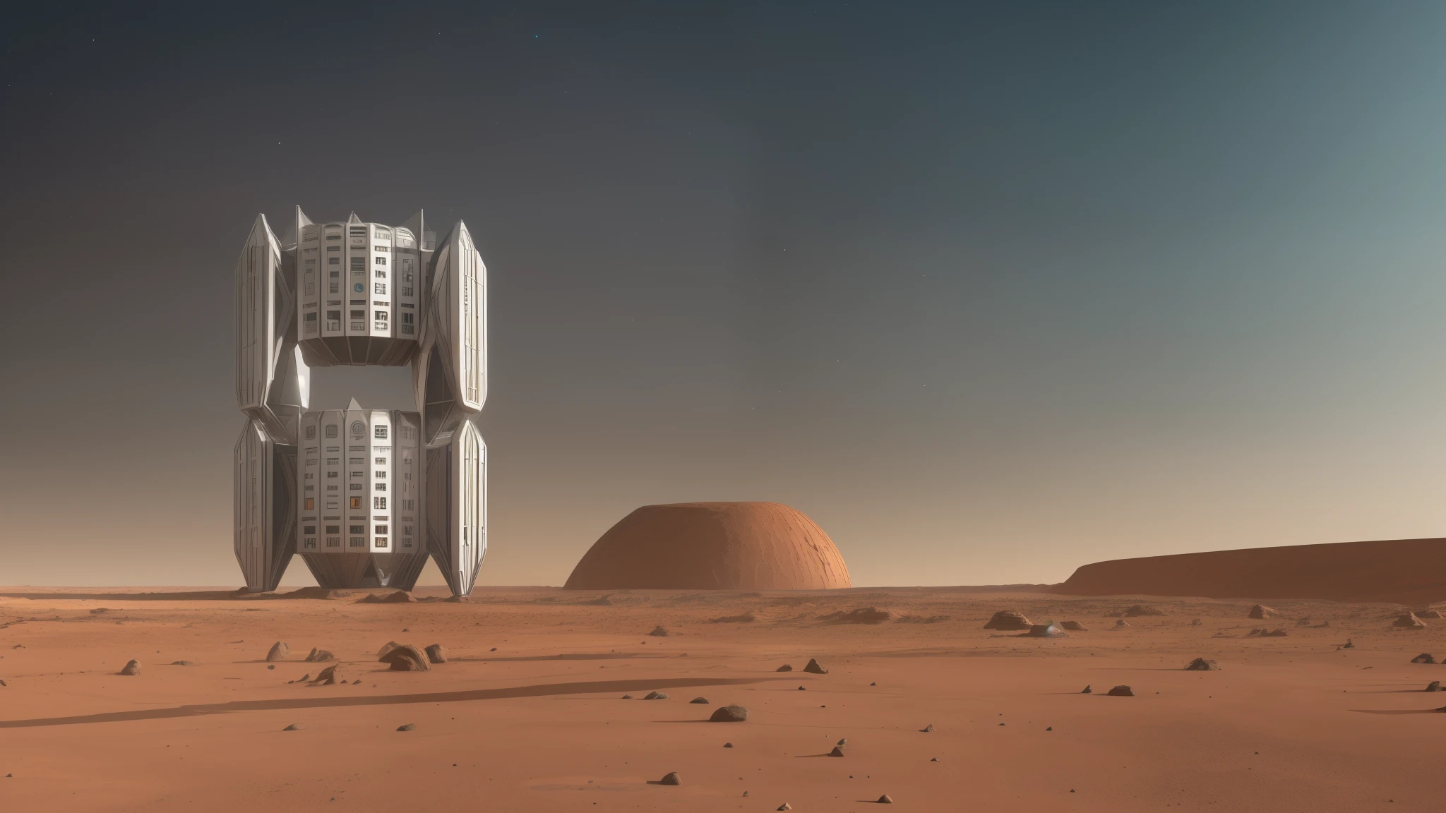 A colony on Mars, 500 years from now.  The colony is in the shape of a tower with a futuristic design, shiny materials, polygons, clear lines, and a calm, futuristic design and in the form of a clear rectangular prism. --auto --s2