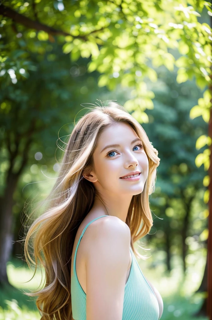 American white woman with unparalleled looks、dark blonde、Semi-long hair、Hair is wavy、blue eyess 、A slender、Out of focus background of open meadow in the forest、The sun filtering through the trees is beautiful、a smile、Look up diagonally、Slender but well-proportioned body with large breasts、Posing like a model、brush one's hair up one's ears、sitting at the base of a thick tree trunk、There must be space above the head、Breast bare