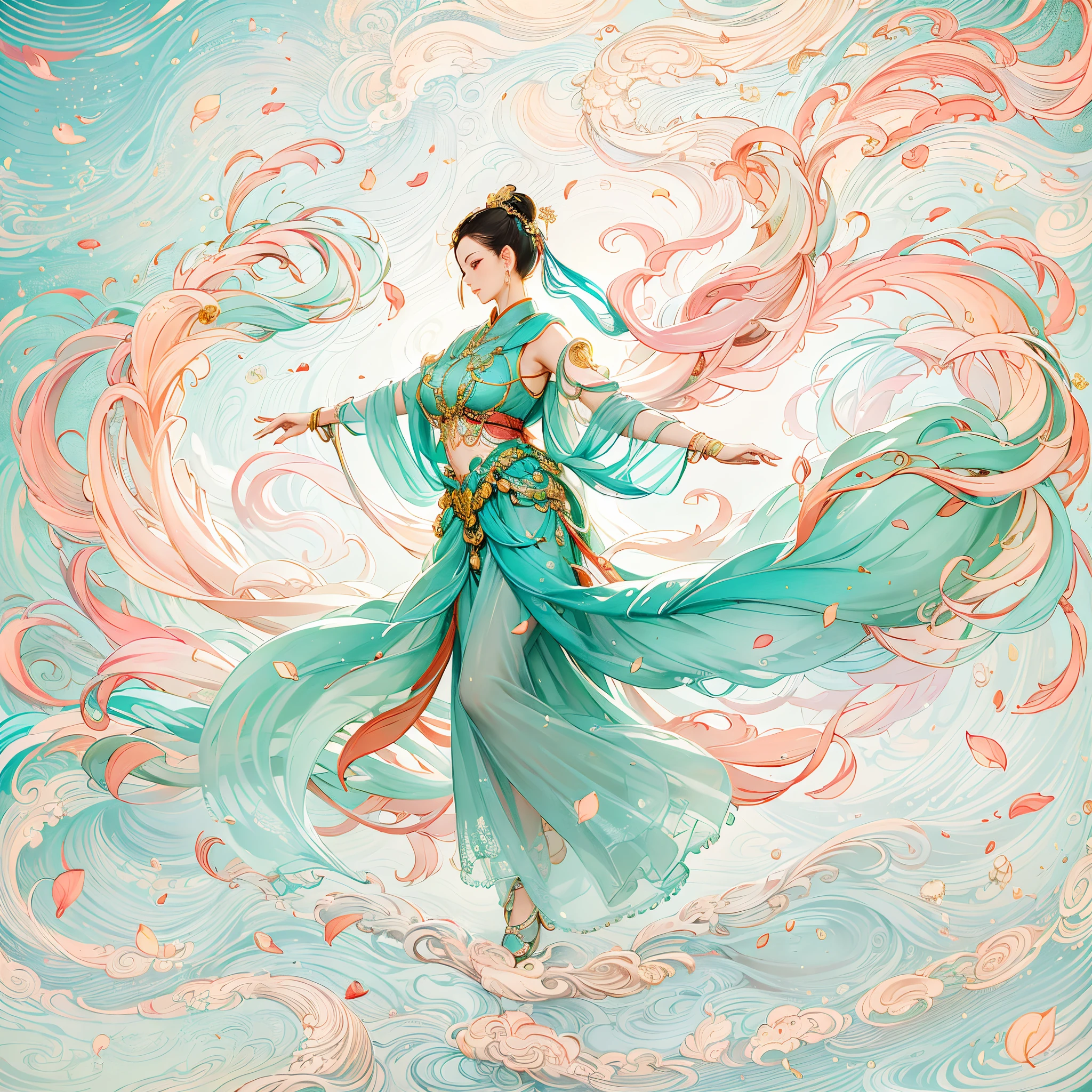 Dunhuang style, Dance in the sky, ancient chinese beauti, Silk Hanfu, Tulle ribbon, Beautiful dance moves, Ink painting style, clean color, Decisive cut, A white space, impressionistic, gentlesoftlighting，dreamy glow， ( bokeh)，tmasterpiece, 超詳細, Epic work, Best quality at best, 4K，