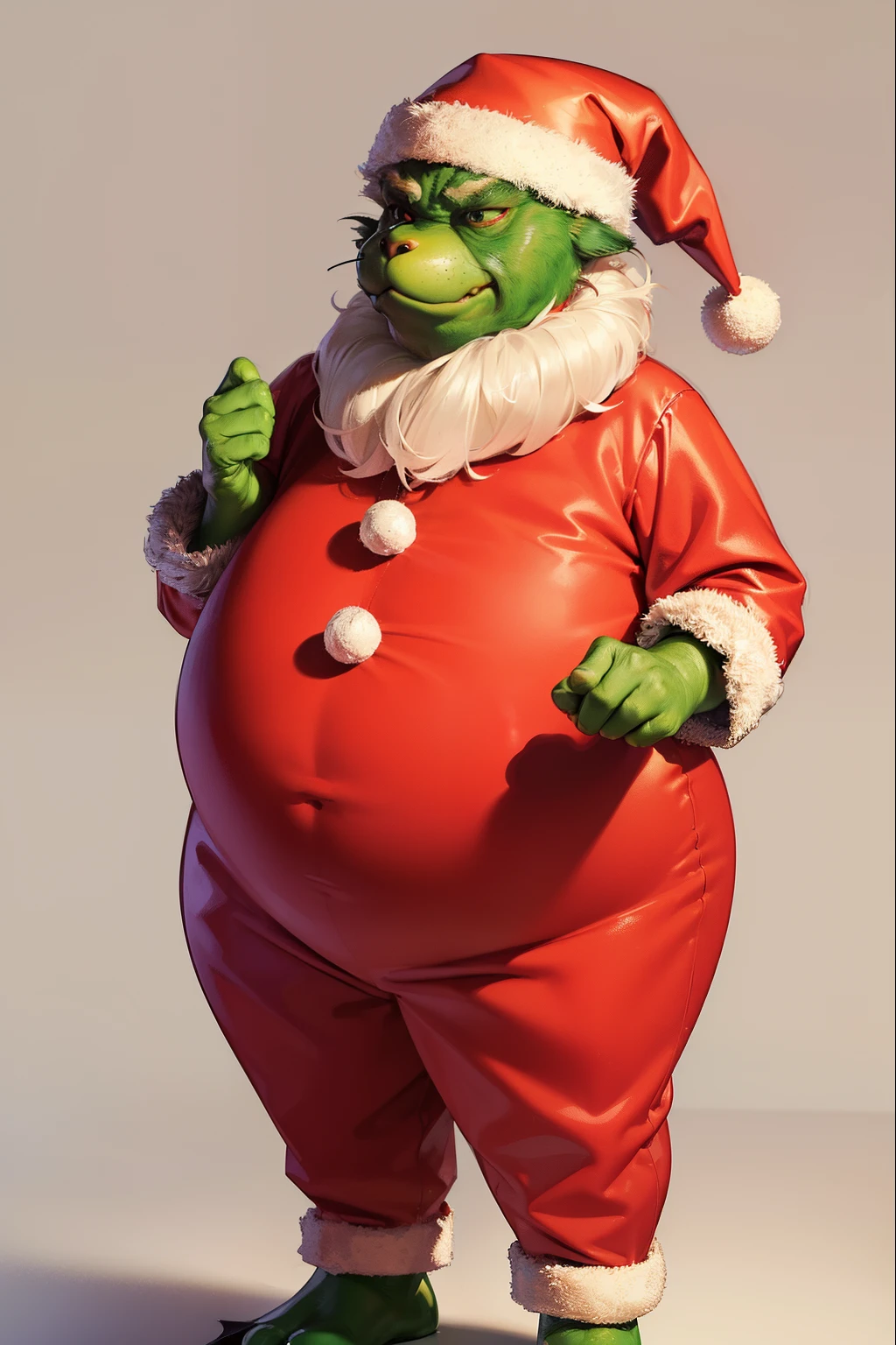 (masterpiece, best quality:1.4), male humanoid creature as Grinch ,(a green furry skin, Pot-bellied body, pear-shaped body, snub-nosed, cat-like face), (Santa Claus Costume:1.3), full body shot, --auto