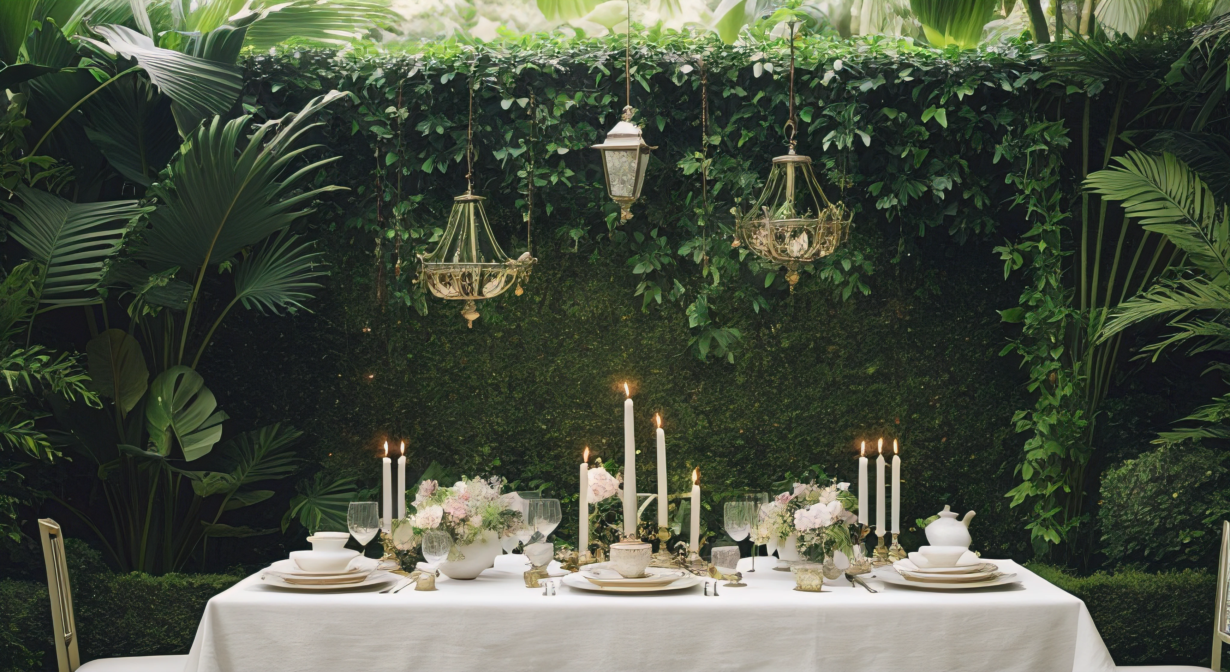 There&#39;s a table here，oda&#39;There&#39;s a bunch of plates and candles on it, romantic greenery, outdoor countertop setup, Stunning mysterious background, intense fantasy, Background with, photography, overgrown background, Lush foliage, Lush chic garden, Lush greenery, A beautiful photo, enchanted surroundings, Generous and beautiful details, Garden setting, large plants in the background, Elegant composition