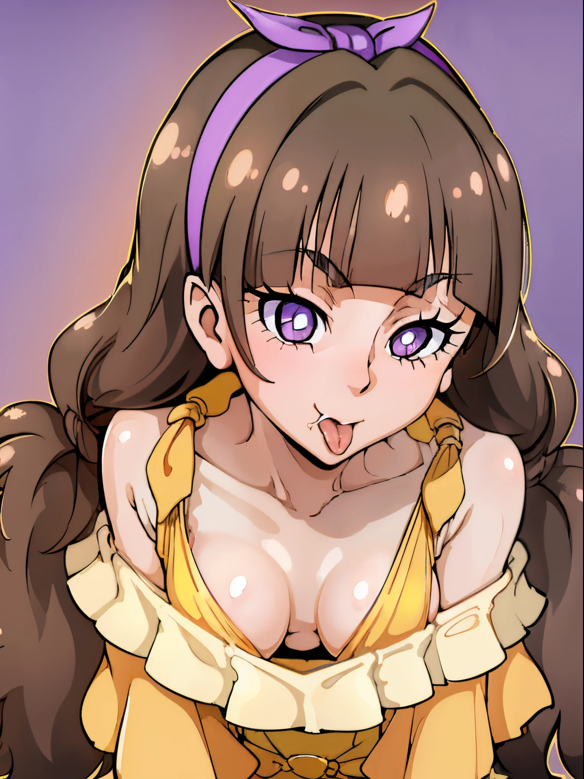 (((1girl))),(masutepiece), ((Best Quality)), ((Expressive eyes)), Perfect face,((large penis)),((tongue licking)),((fellatio)),((point of view)),(((no expression))),NSFW,incoming kiss,Purple eyes,half closed eyes,((mind control)),((Empty eyes)),dead eyes,Cure Twinkle,Tongue licking,fellatio,(Eyes widen),rape face,Tongue out,Open mouth,steam,yellow shirt
