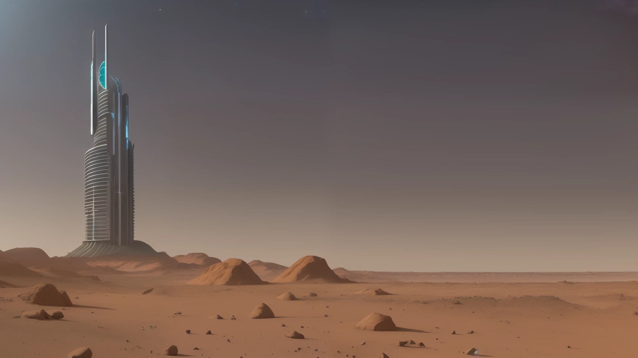 A colony on Mars, 500 years from now.  The colony is in the shape of a tower with a futuristic design, shiny materials, polygons, clear lines, and a calm, futuristic design and in the form of a clear rectangular prism. --auto --s2