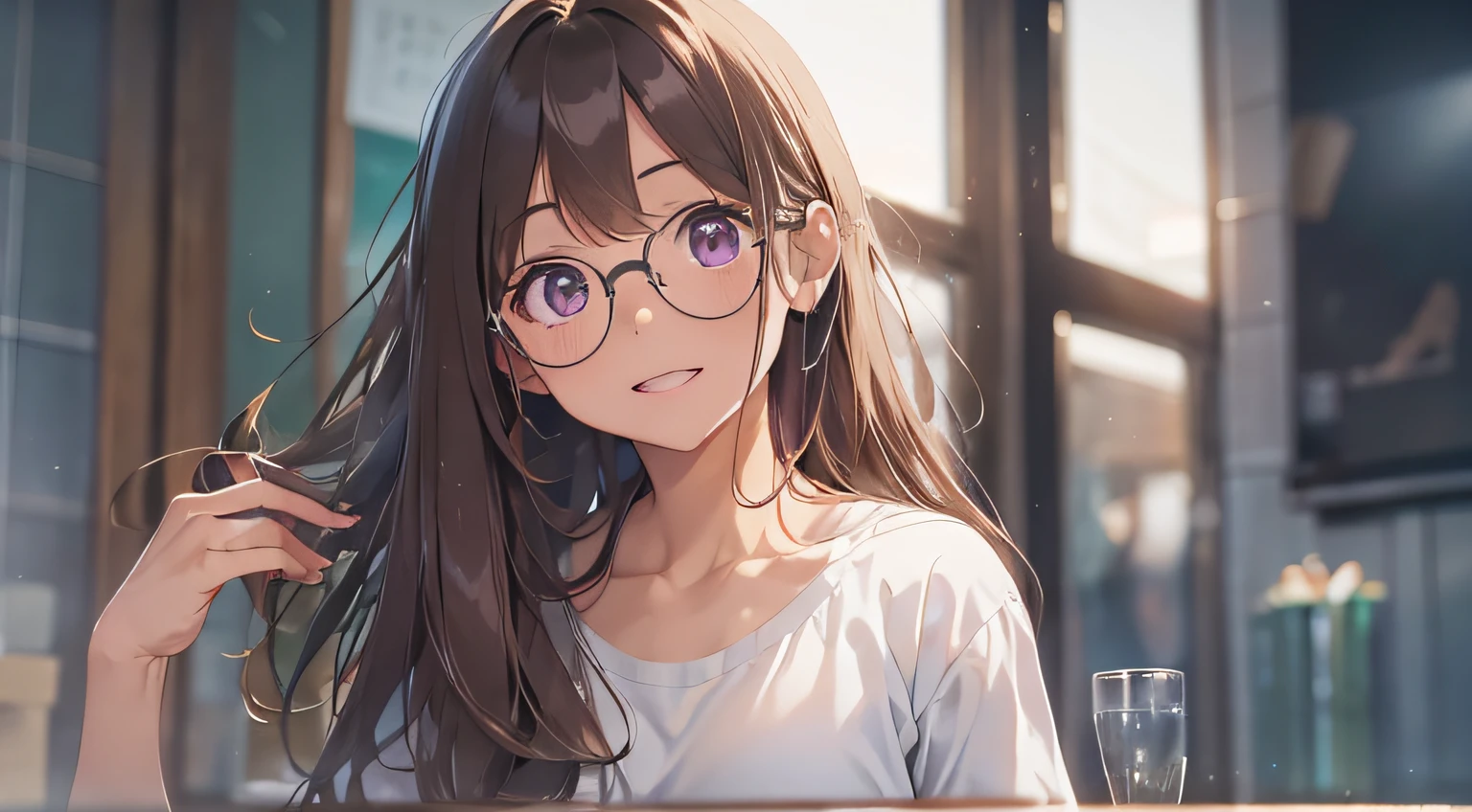 masterpiece、top-quality、(brown colored long hair、I have bangs:1.1)、25 year old woman with purple eyes、wears glasses、wearing a white T-shirt、Calling on your phone、(flat breast:1.1)、(Happy look:1.3)、(Staring:1.5)、(Close-up of the subject's face:1.3)、Place the camera above the subject、The background is the living room at night、Bold composition、Upper body is shown、Alone、
