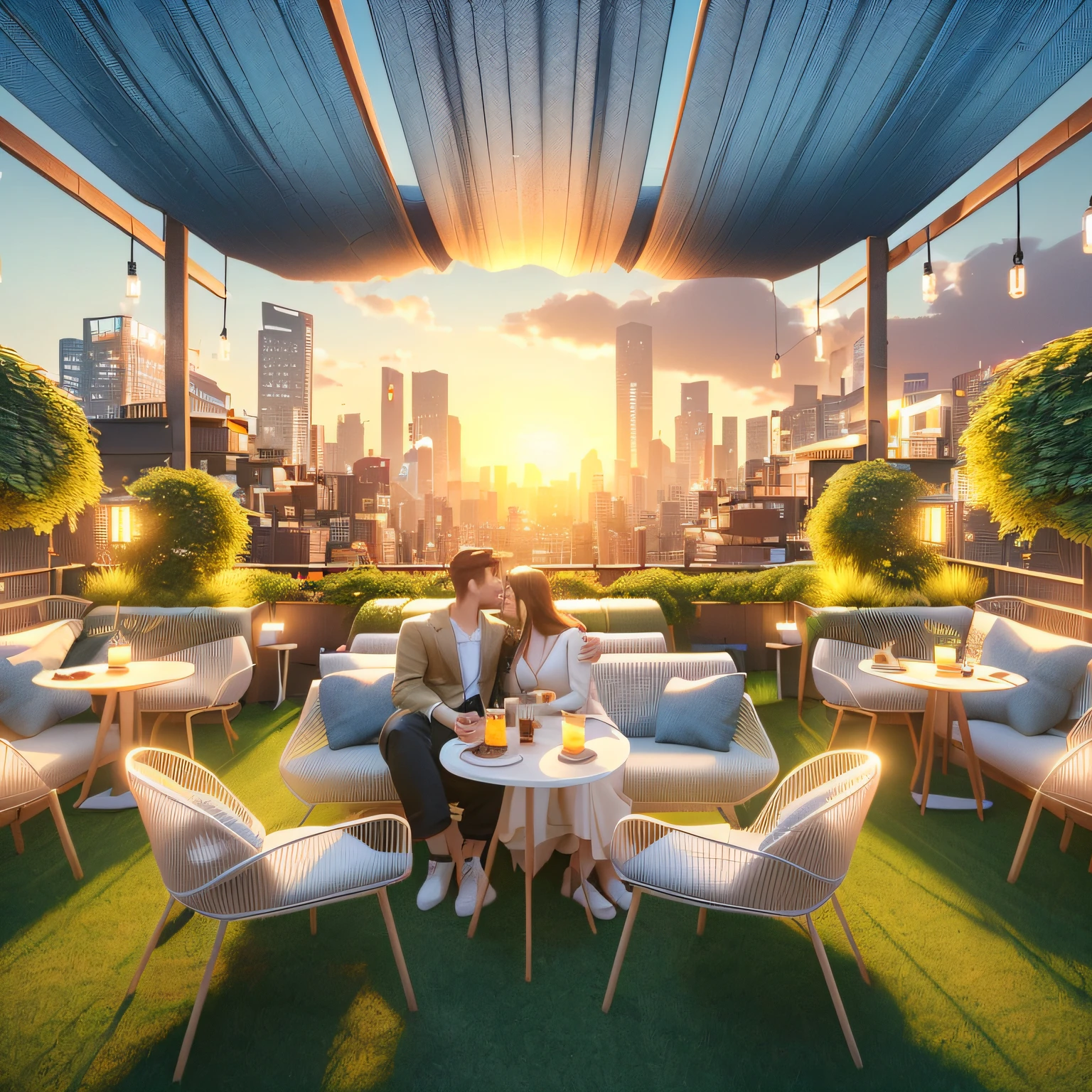 Two people are sitting at a rooftop table, Rooftop Romantic, In Tokyo Rooftop, city rooftop (City Rooftop, unreal-engine ; Romantic theme, 8K Sensory Lighting, on rooftop, photorealistic cinematic render, Rooftop Party, cg art, Detailed Scenes, films. Contributor: leng jun, At the Tokyo Night Rooftop of the Future, on rooftop, 8K CG Rendering