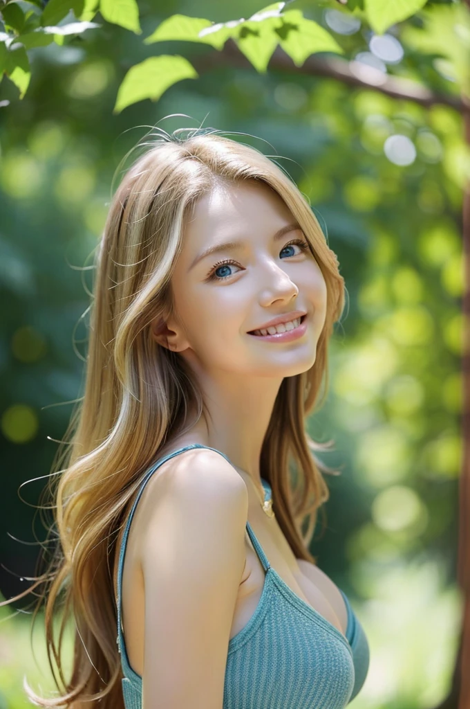 American white woman with unparalleled looks、dark blonde、Semi-long hair、Hair is wavy、blue eyess 、A slender、Out of focus background of open meadow in the forest、The sun filtering through the trees is beautiful、a smile、Looking at the camera、Slender but well-proportioned body with large breasts、Posing like a model、brush one's hair up one's ears、sitting at the base of a thick tree trunk、There must be space above the head、Breast bare