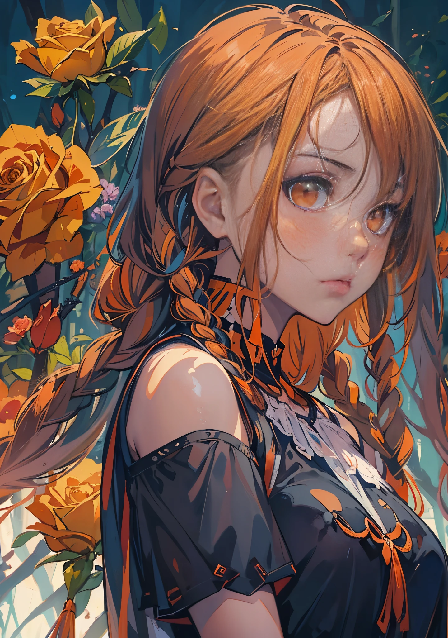 masterpiece, concept art, centered, close shot, portrait, surrealism, anime illustration, 1girl, (orange eyes:1.4), medium braid hair, small breast, beautiful bangs, body suit outfit, blue hair, sad, red rose in the background melancholy, contrast, (epic composition, epic proportion), Vibrant color, HD,