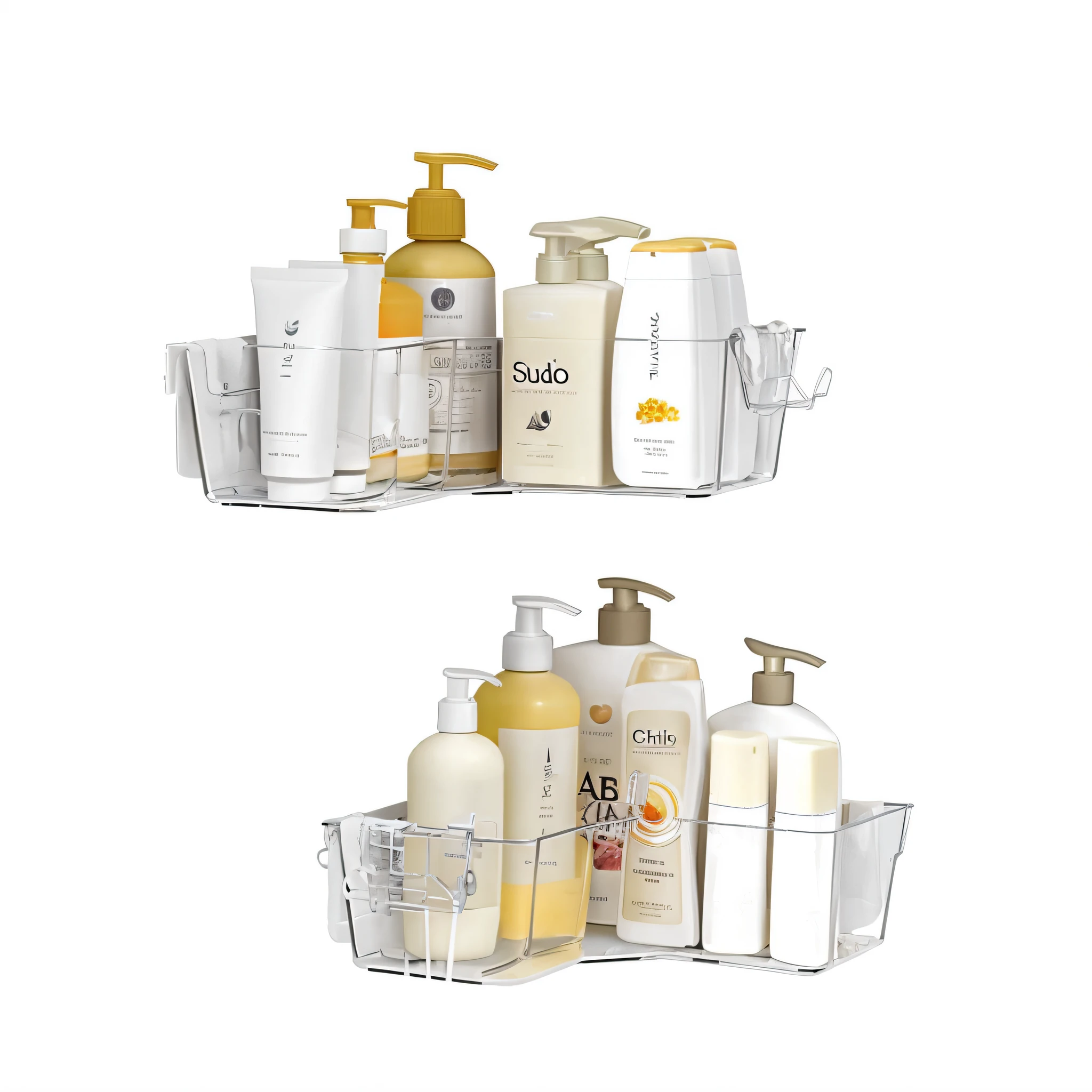 There are two photos of bathroom shelves,There's soap and lotion on it, Chido, product photograph, professional product photo, Set on white background, Creative, studio product shot, masterection, 3D product rendering, leprosy, the essence, fotografia do produto, professional product shot, Official Product Pictures, visually clear & scavenging, full bodyesbian, full bodyesbian, Bottom corner