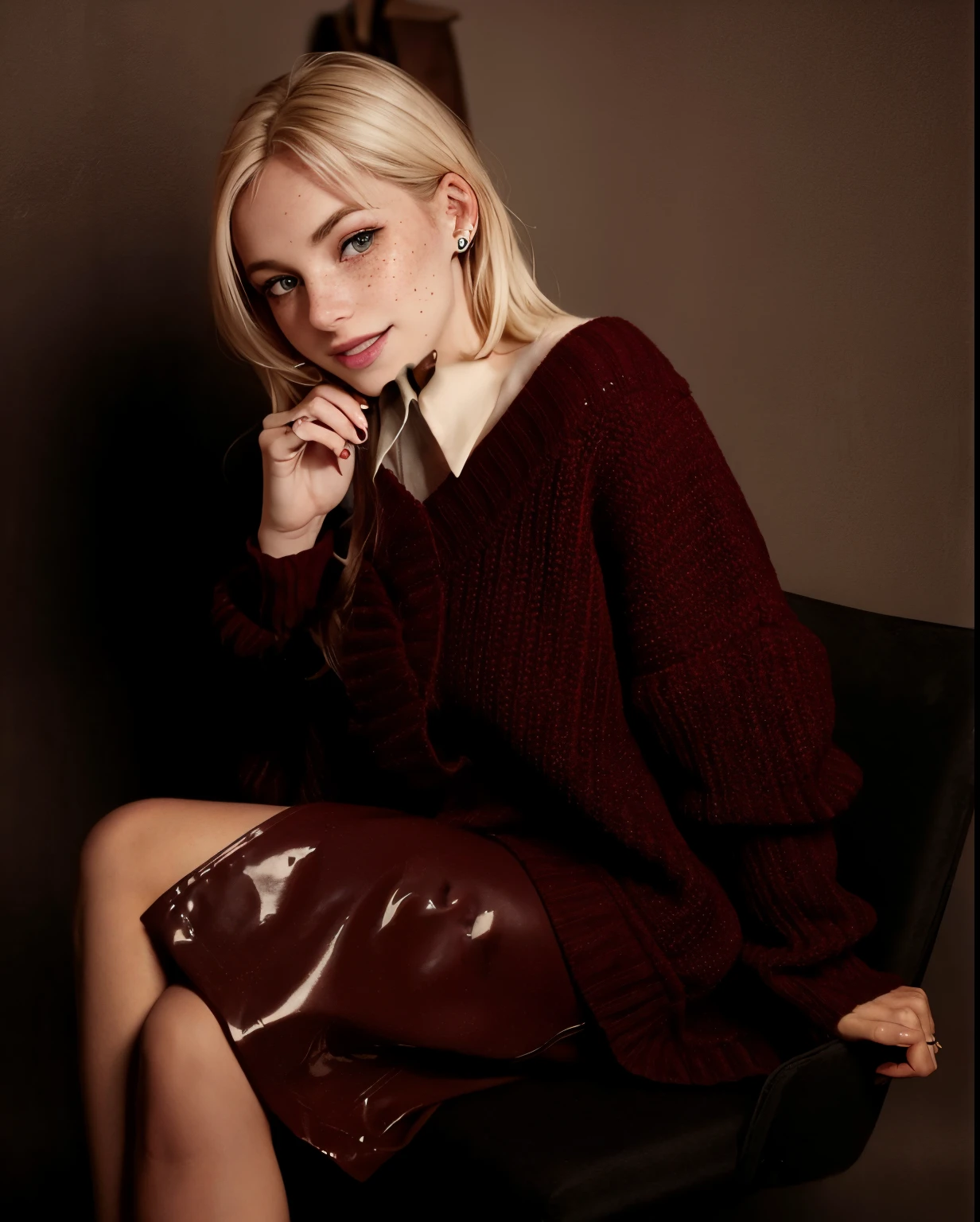 mulher, americana, 25 anos, pale skin and freckles, olhos cinzas, nariz delicado, soft and delicate lips, Cabelo blondie cinza longo e ondulados, sorriso meigo