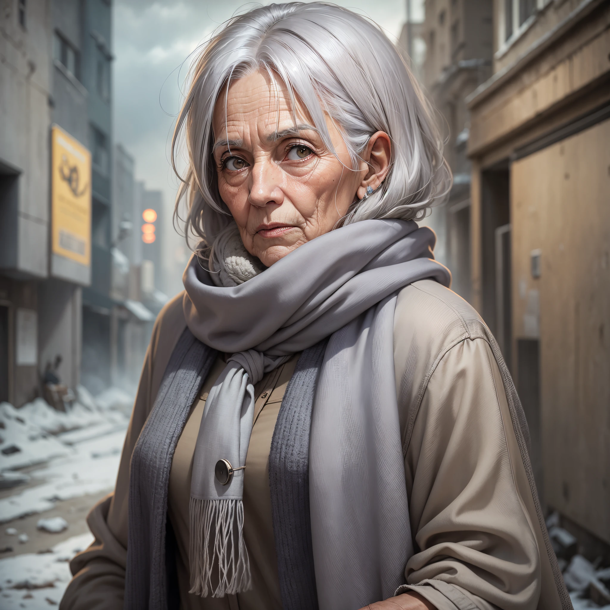 "Frontal portrait of an elderly grandmother，her hair is gray，with fair skin，Wear a coat，A scarf is wrapped around his neck，In a post-apocalyptic environment"