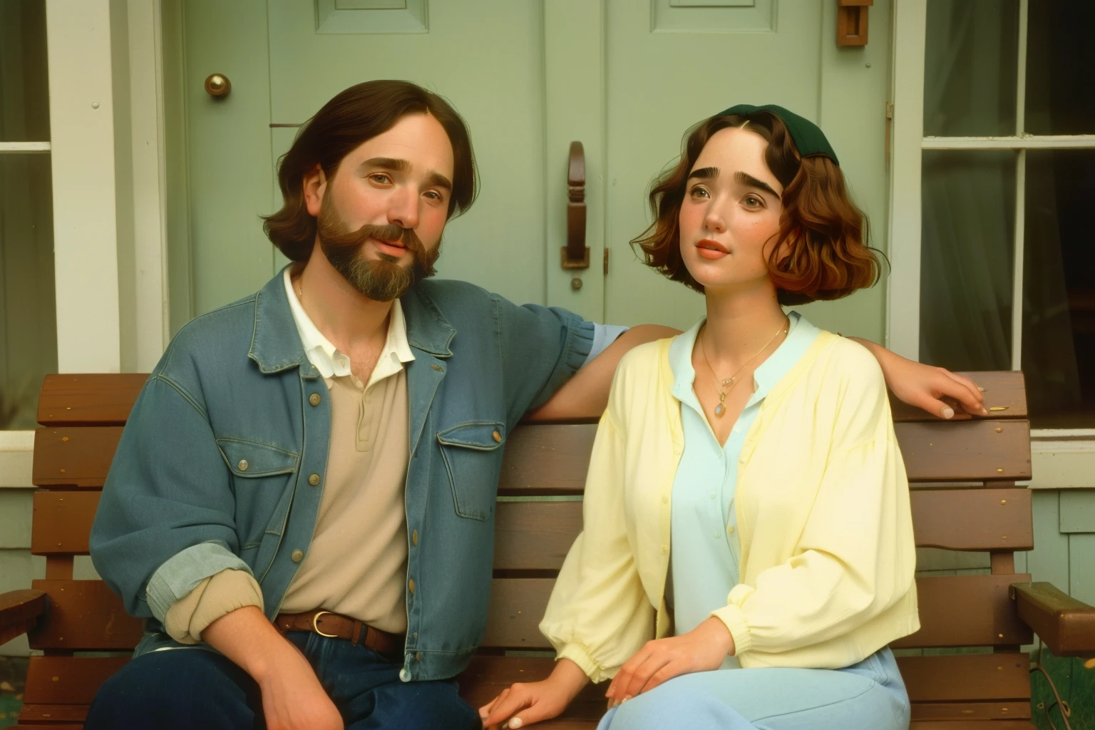 1996, Berkshire County, Massachusetts. Pre-raphaelite ((((44-year-old)) Jennifer Connelly)), with a bearded man, front porch bench, smile, ((happiness expression)), ((((casual Clothing from the 1990s)))), ((short bob Hairstyle of the 1990s)), ((Wes Anderson cinematic style)), colorful