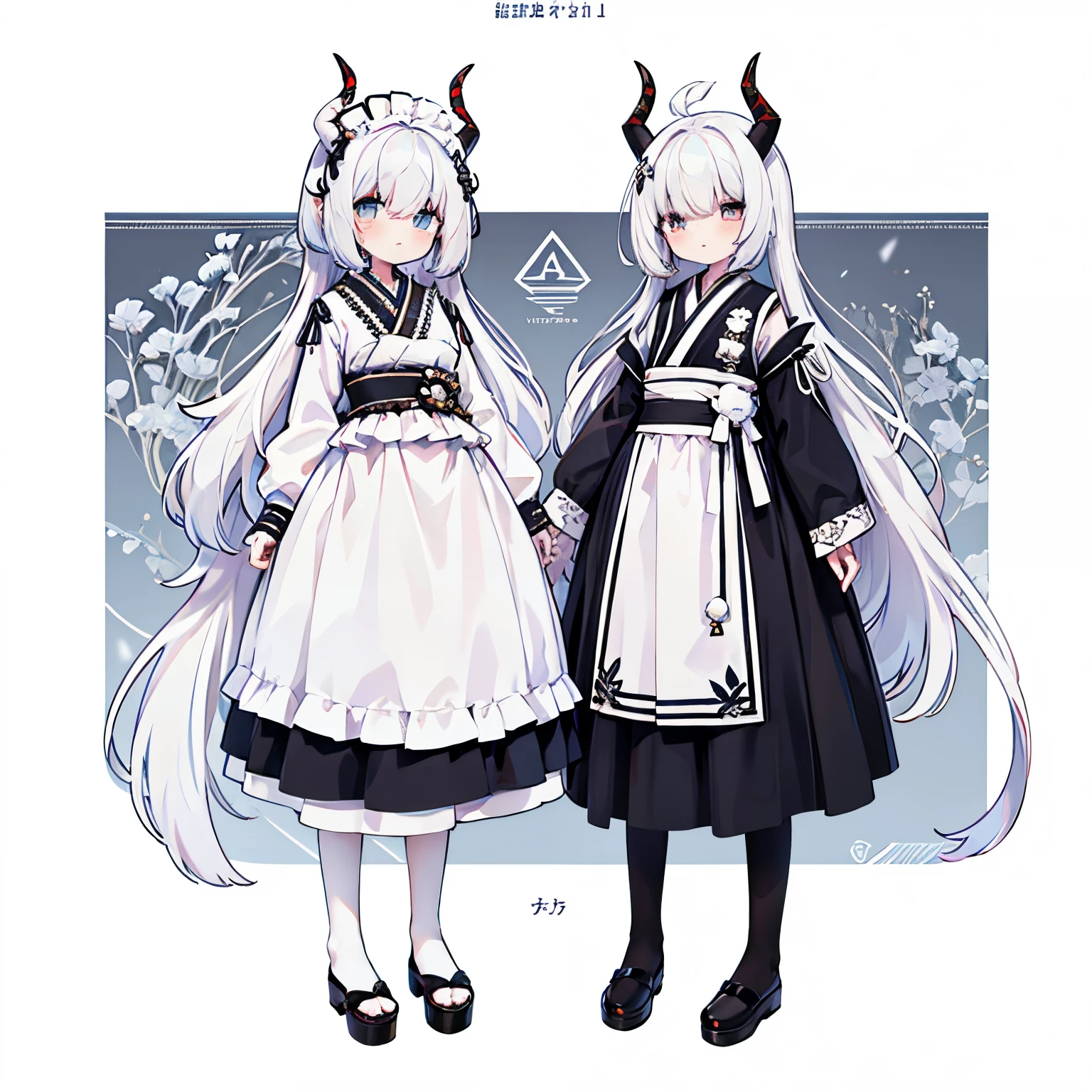 teens girl、elementary student、albino、(White eyes:1.0)、Short permed hair、White hair、(girl with white horse ears:1.1)、Black Demon Horns、double horn、Black horned、Japanese style maid clothes、Full body illustration、Vtuber、shoe、an animated character、Background white、depth of fields、Beautiful character、Standing picture、Detailed picture