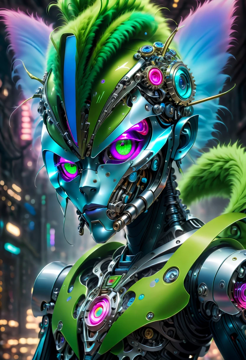 (Best quality at best, 8K,A high resolution,tmasterpiece:1.2),ultra - detailed), A futuristic,(The Grinch: 1.2), full body shot of, Colorful neon lights, High-tech mechanical parts,Metal hats are cool,Metal legs,Bionic eye, Detailed green fur design, suspended in mid-air,Electric blue and bright purple,Vivid glowing eyes,Reflective metal surface,The environment is gloomy,dynamicposes,The presence of majesty,Technological progress,Interlocking mechanical gears,Dynamic and stylish design,motion blur effect,Meticulous craftsmanship,sci-fi vibes,Streamlined aerodynamic shape,Laser scanning pattern,holographic projections,Light-emitting circuit lines,unforgettably beautiful,otherworldly precision,Advanced sensors,complex algorithm,Ominous and mysterious atmosphere,electric sparks,Shiny chrome plating,Propulsion systems of the future, BJ_Gundam