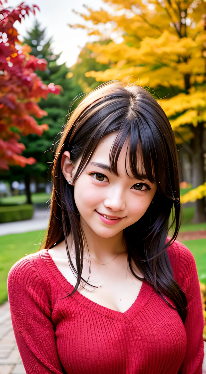 A happy smile looking at this、Wearing a red sweater under the autumn sky、sixteen years old、(8K, Raw photo:1.2),Detailed face and eyes,Best Quality, 超A high resolution, Highly detailed ,intricate detailes ,masutepiece ,Cute Girl , Soft cinematic light, Hyper-detailing,Undersized breasts, High quality,