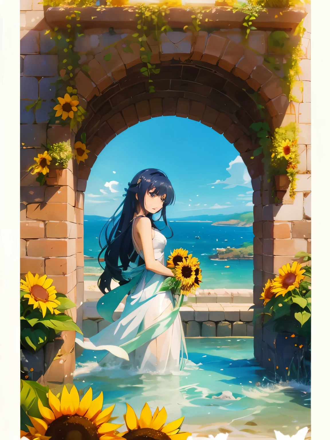 Cartoon hermaphrodite in white dress with sunflowers in front of stone arch, Crushing the chest,Flat,Beautiful sunflower anime hermaphrodite, Altgelm and Asei Gailan, beautiful anime scene, anime beautiful peace scene, Beautiful anime, beautiful anime artwork, Gwaith-inspired artwork,. studio glibly makoto shinkai, Gwaithe, beautiful anime art, official artwork