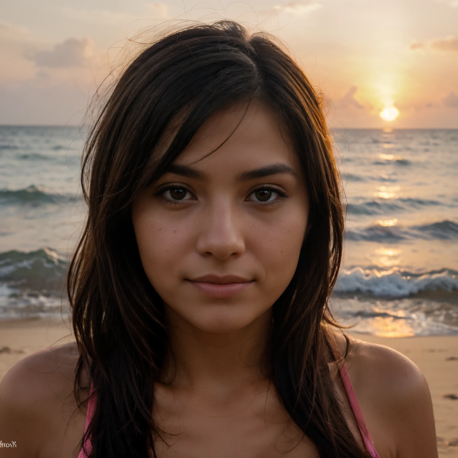 foto realista, melhor qualidade possivel.
random ethnicity close-up on face of beautiful young woman watching the sunset on a paradisiacal beach