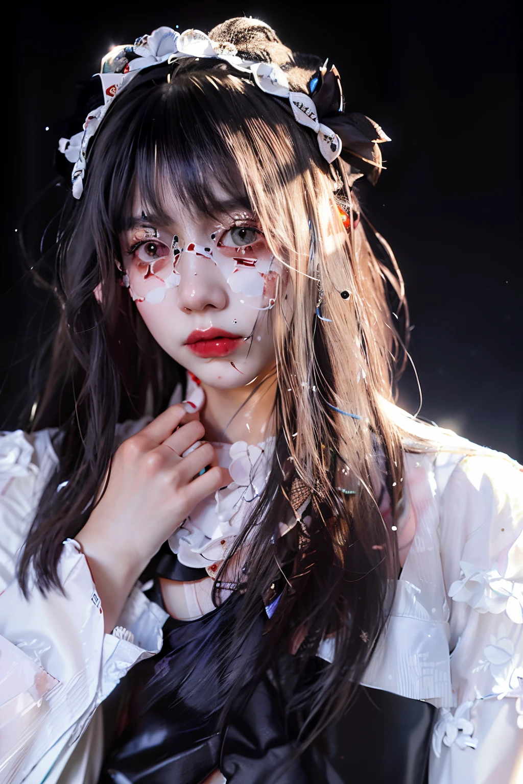 There was a face covered in blood、Woman in white shirt, Shikami, portrait of radical ta girl, Another close-up of Iwakura, chiho, sakimicchan, Portrait of a magical Loliirl, Long hair and eyes, inca, Scary look, Harumi, Ren Iwakura, Bear makeup, side up