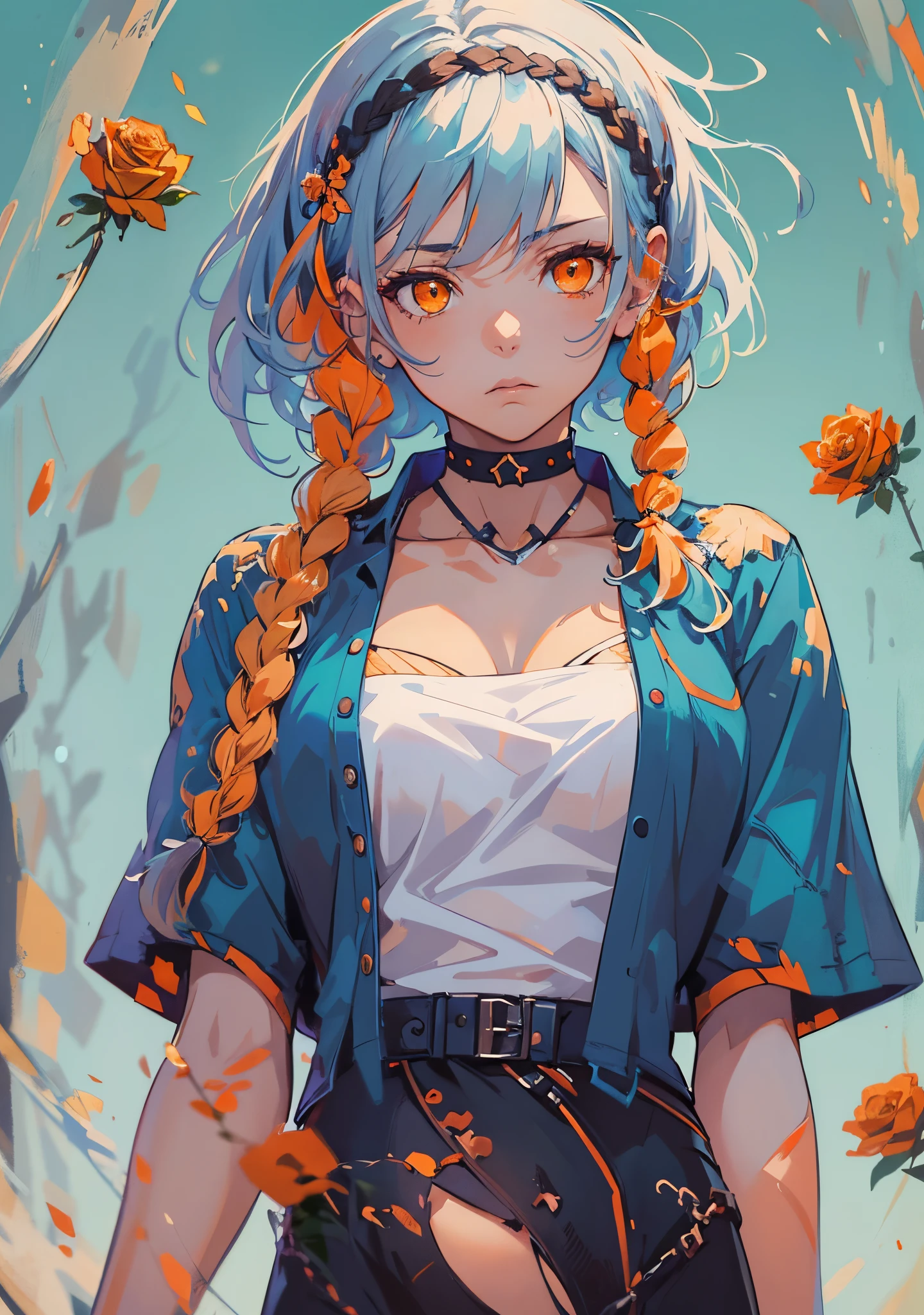 masterpiece, concept art, centered, close shot, portrait, surrealism, anime illustration, 1girl, (orange eyes:1.4), medium braid hair, small breast, beautiful bangs, body suit outfit, blue hair, sad, red rose in the background melancholy, contrast, (epic composition, epic proportion), Vibrant color, HD,