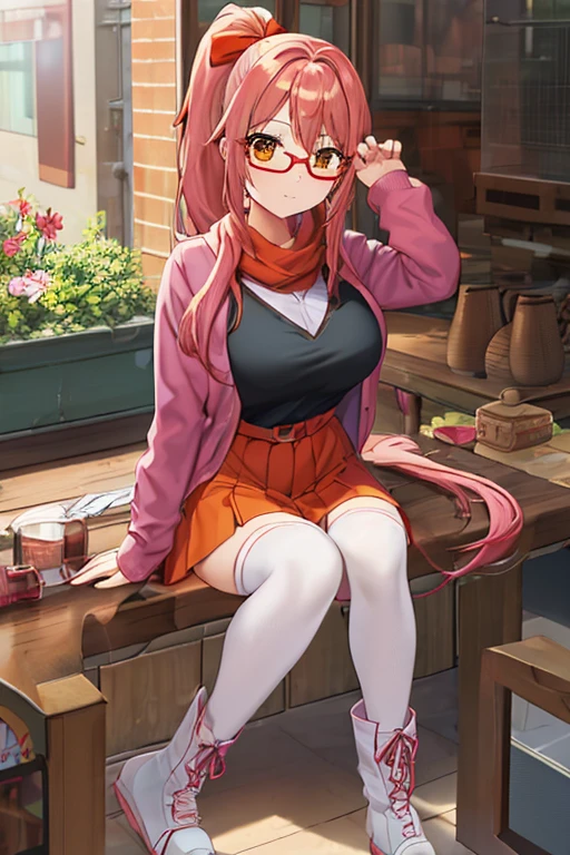 A girl with long pink hair, a side ponytail, orange eyes, big breasts, wearing casual clothes, including a white shirt, a red skirt, a hair bow, glasses, an orange scarf, wearing thighhighs and boots. (best quality, full body)