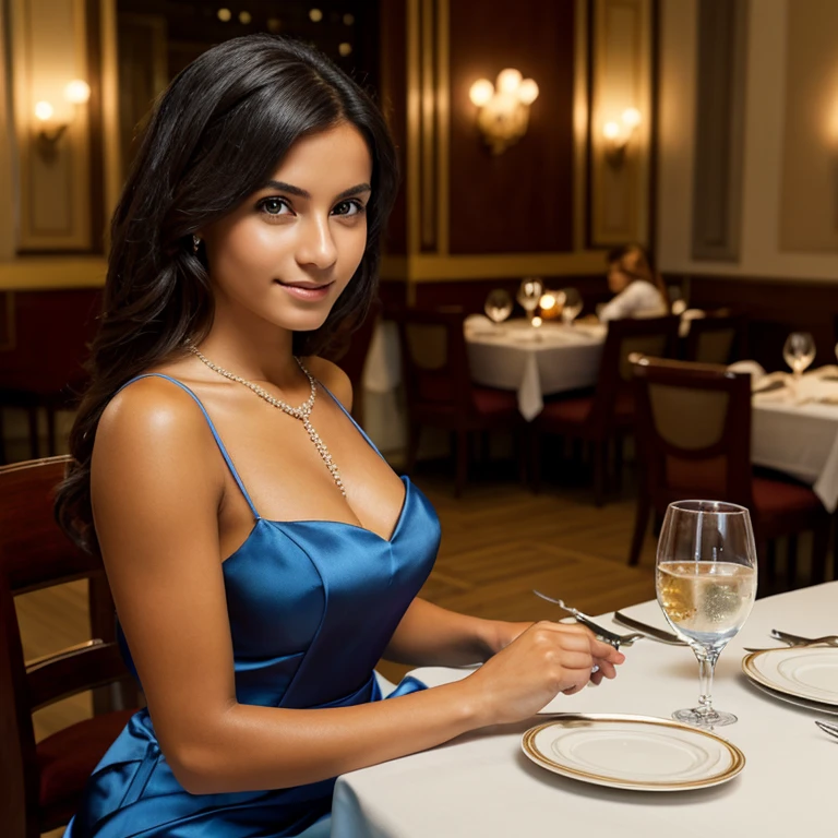 realistic photo, one woman, solo, beautiful woman, french woman, 20 year old woman, tan skin, dark eyes, black hair, wearing light blue gown, diamond necklace, sitting at table, fancy restaurant