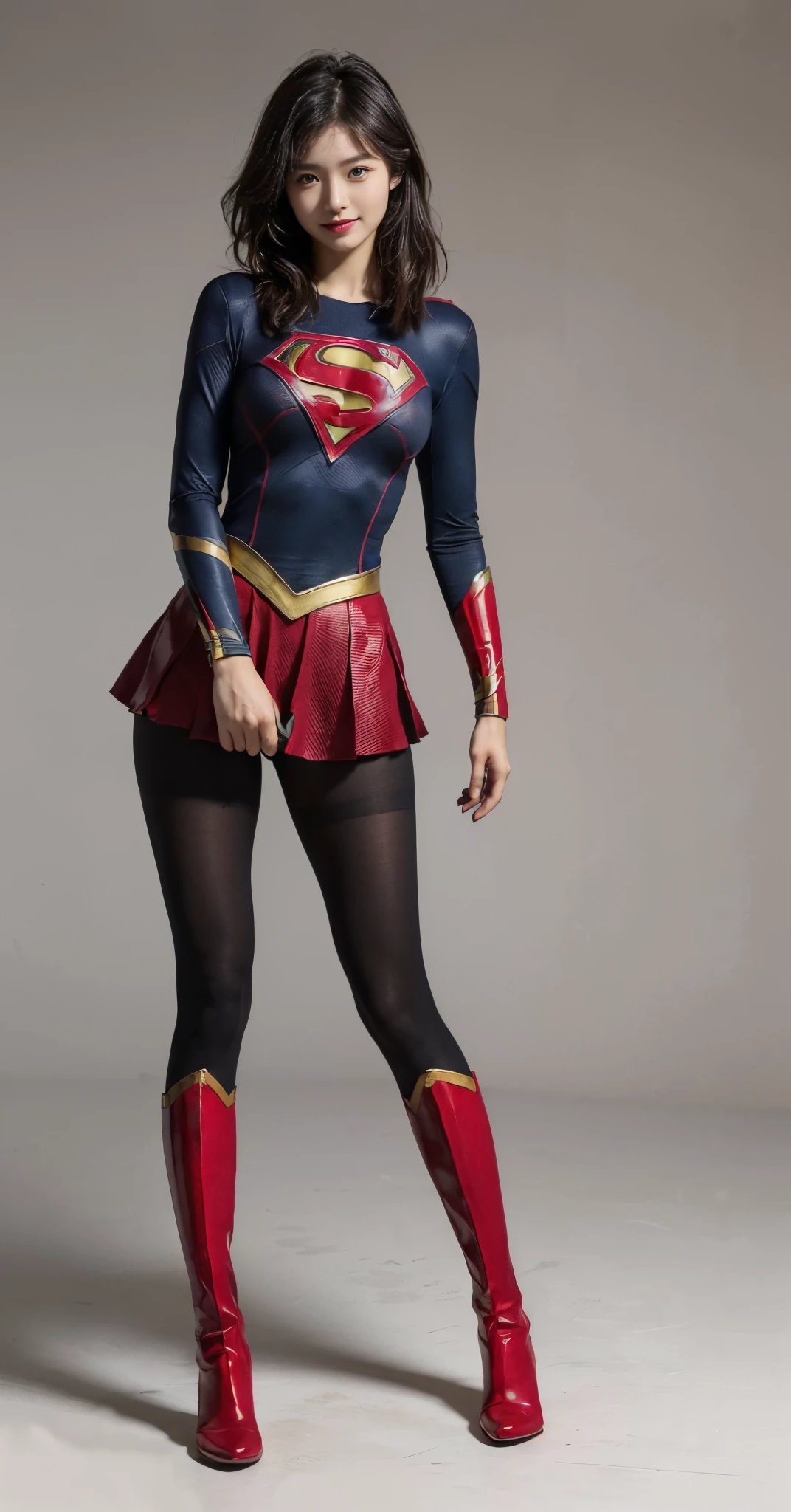 Asian Beautiful Girl、(((Wear black tights on your beautiful legs.)))、(((beauty legs)))、(((facial expression of smile)))、((((Make the most of the original image)))、(((Supergirl Costume)))、(((a short bob、beautiful hairl)))、(((Suffering)))、(((Feet must necessarily be worn with black tights)))、(((You need to wear red boots)))、((Top image quality、8K))、((top-quality、8K、​masterpiece:1.3))、(((Keep your background simple)))、Crisp focus:1.2、Beautiful woman with perfect body shape:1.4、Slender Abs:1.2、a wet body:1.5、Highly detailed facial and skin texture、8K、beauty legs