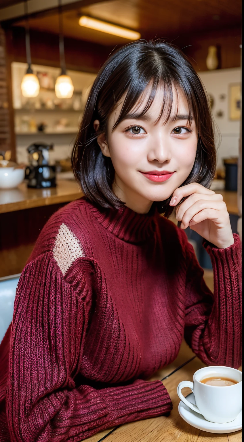 1womanl, ((sixteen years old))、Colossal tits ((Beautiful shiny straight bob hair:1.2)),Beautiful fingers,Beautiful long legs,Beauty Body,Cute nose,Beautiful bare skin、perfect eyes,Perfect and realistic face,ighly detailed ,(tmasterpiece:1.0),(best_quality:1.0), 超A high resolution,4K,ultra - detailed, photography of, 8K, nffsw, hight resolution, the background is blurred, (Beautiful_Face:1.5)、(The background is the counter seat of an old-fashioned coffee shop:1.3),(Old audio、Old record player)、Dark brown interior (Pleated long skirt:1.3), Backgrounds with depth ((Realistic three-dimensional effect))、((Knitted sweater in red burgundy color:1.4))(Sit at the table with your chest stretched)、((Beautiful bare skin:1.3)) ((Fair skin soft real skin)) ((Shy smile)) Beautiful Coffee Cups