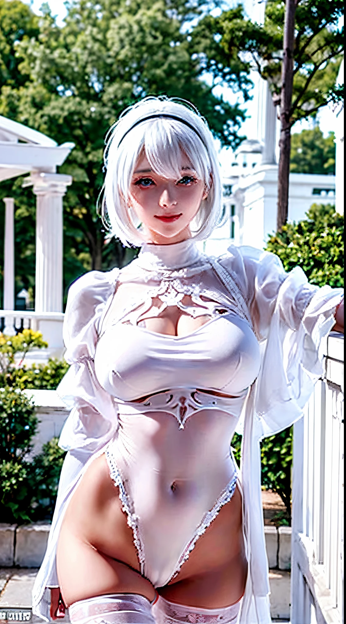 2womanl, Solo, White hair, Parted bangs, Forehead, Single long blade, Blue eyes, pink lips, White tank top, White pantie, Smile, Outdoors, white skin, really white skin, white and pink skin, glowing eye, sex, lesbian