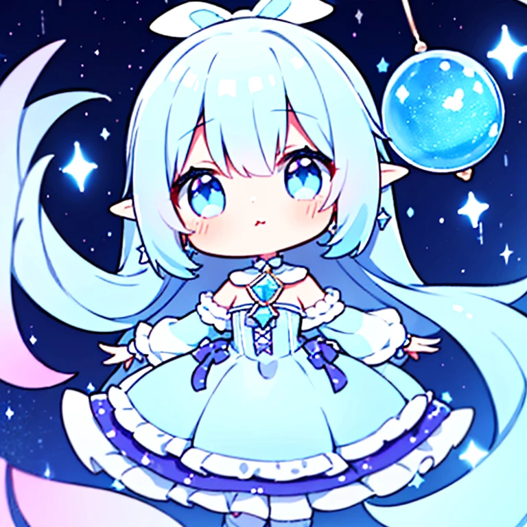 ((Best quality1.2))、((Masterpiece 1.2))、watercolor paiting、((Fashionable clothes))、white colors((rainbow-colored hair))、blue eyess、crystal earrings、tchibi、Twin-tailed、elvish、kawaii、stele、magia((Best quality1.2))、((Masterpiece 1.2))、watercolor paiting、((Fashionable clothes))、white colors((rainbow-colored hair)) Chibi、Mini、Lori、Mini，Chiquita、dreamer、Chibichara、Potato、kirakira、fluffly、cute little、Super Cute、silber hair、blue eyess、crystal earrings、effect、cute little、Idol Costumes、magical girl costume，Music Background、​masterpiece、Top image quality、top-quality、PastelColors:1.5)、(Cute illustration:1.5)、(watercolor paiting:1.2)、Light blue background、girl with、full body Esbian、marble、colourfull、jello、Jelly Girl、Dreams、nighttime scene、happiness in dreams、Dressed in a dress、1girl in、shooting stars、Fantastical、Lots of stars、Stars hanging from the ceiling、tmasterpiece， hightquality， cinematic Film still from， one girls，the night，starrysky， floating in sky， Cloud Girl， Clouds， brightened， Colorful， glinting，full body Esbian，long  skirt，Long Blue Dress，Beautiful detailed eyes, ultradetailed eyes、Glitter eyes,from the rear、Colorful starry sky,Stars,Iridescent aura around the eyes、Iridescent eyes、Narrowed eyes sucked in,Wearing a rainbow-colored aura from the whole body、 perfectbody，elvish、Twin tail hair、Sparkling eyes、high-level image quality，ren，cute little、fluffly