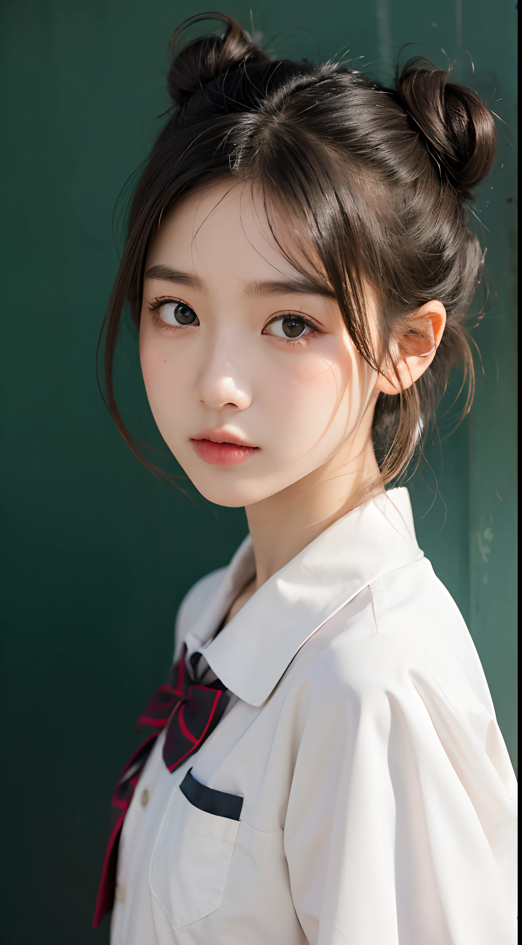 1girl, grey eyes, smiling, mini double buns, school uniform, blackboard background.