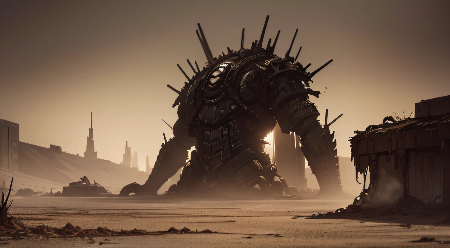 ((gloomy horror biopunk atmosphere)), iron desert, metal shavings, gloomy hot desert, abandoned sorrow desert wasteland landscape, (scorn videogame style), horror atmosphere, presence of something terrible, highly detailed biopunk background, background by Hans Giger, masterpiece