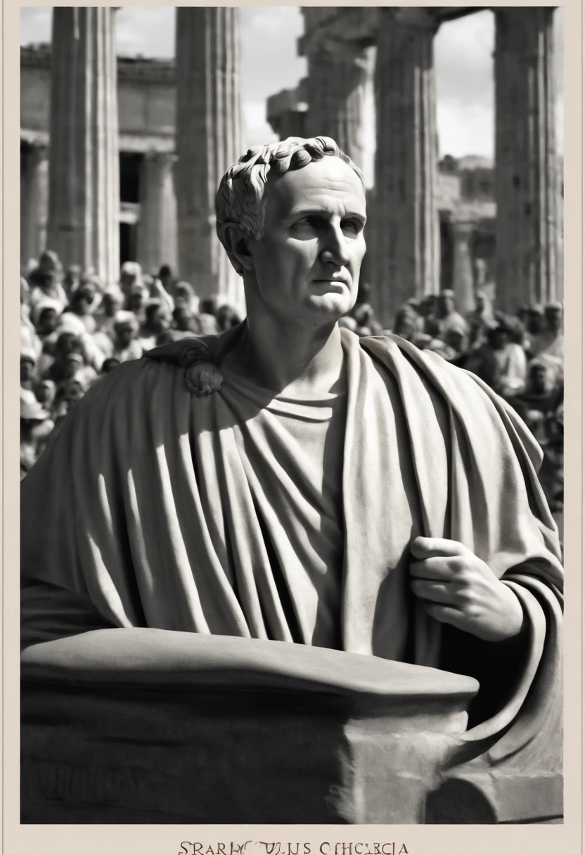 A photo of Cicero addressing a crowd in the Roman Forum.,Roman Republic,Marcus Tullius Cicero has a slender and tall build with a prominent forehead and high hairline. He has a long, thin face, a straight nose and a sharp chin. He has expressive and animated facial expressions. Meticulous in his appearance. Often wears a Roman Toga. He pays attention to his hair and beard.