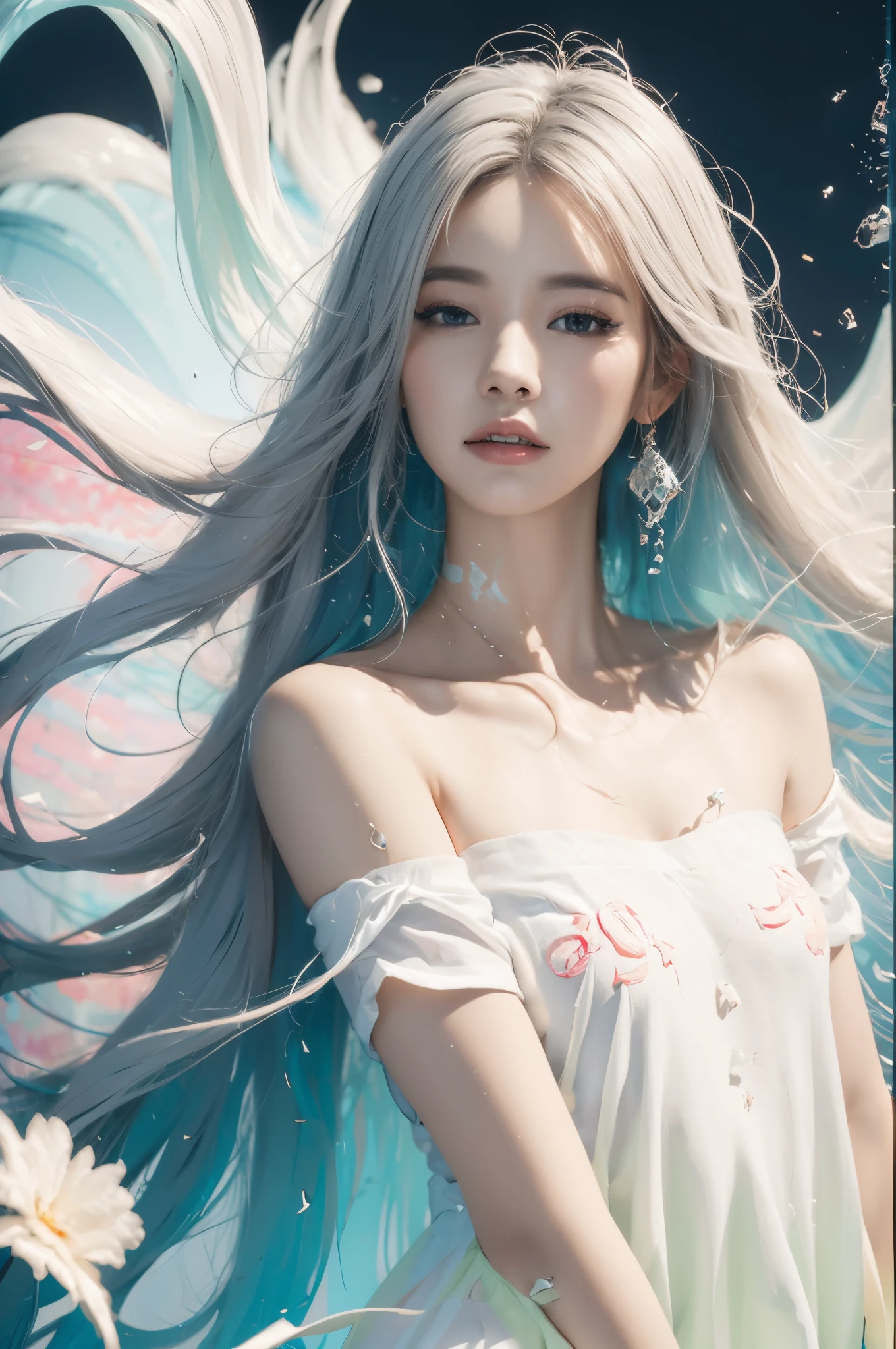 tmasterpiece，RAW photos，photore，24K quality，Studio quality，One long hair、Woman in white dress, Guviz-style artwork, Beautiful digital artwork, beautiful digital illustration, ross tran 8 k, stunning digital illustration, Inspired by Ross Tran, gorgeous digital painting, in the style of ross tran, inspired by Yanjun Cheng, A beautiful artistic illustration, [ 4K digital art ]!!