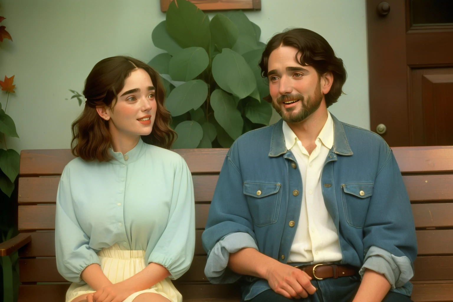 1996, Berkshire County, Massachusetts. Pre-raphaelite ((((44-year-old)) Jennifer Connelly)), with an older jewish man, front porch bench, smile, ((happiness expression)), autumn, ((((casual Clothing from the 1990s)))), ((short bob Hairstyle of the 1990s)), ((Wes Anderson cinematic style)), colorful