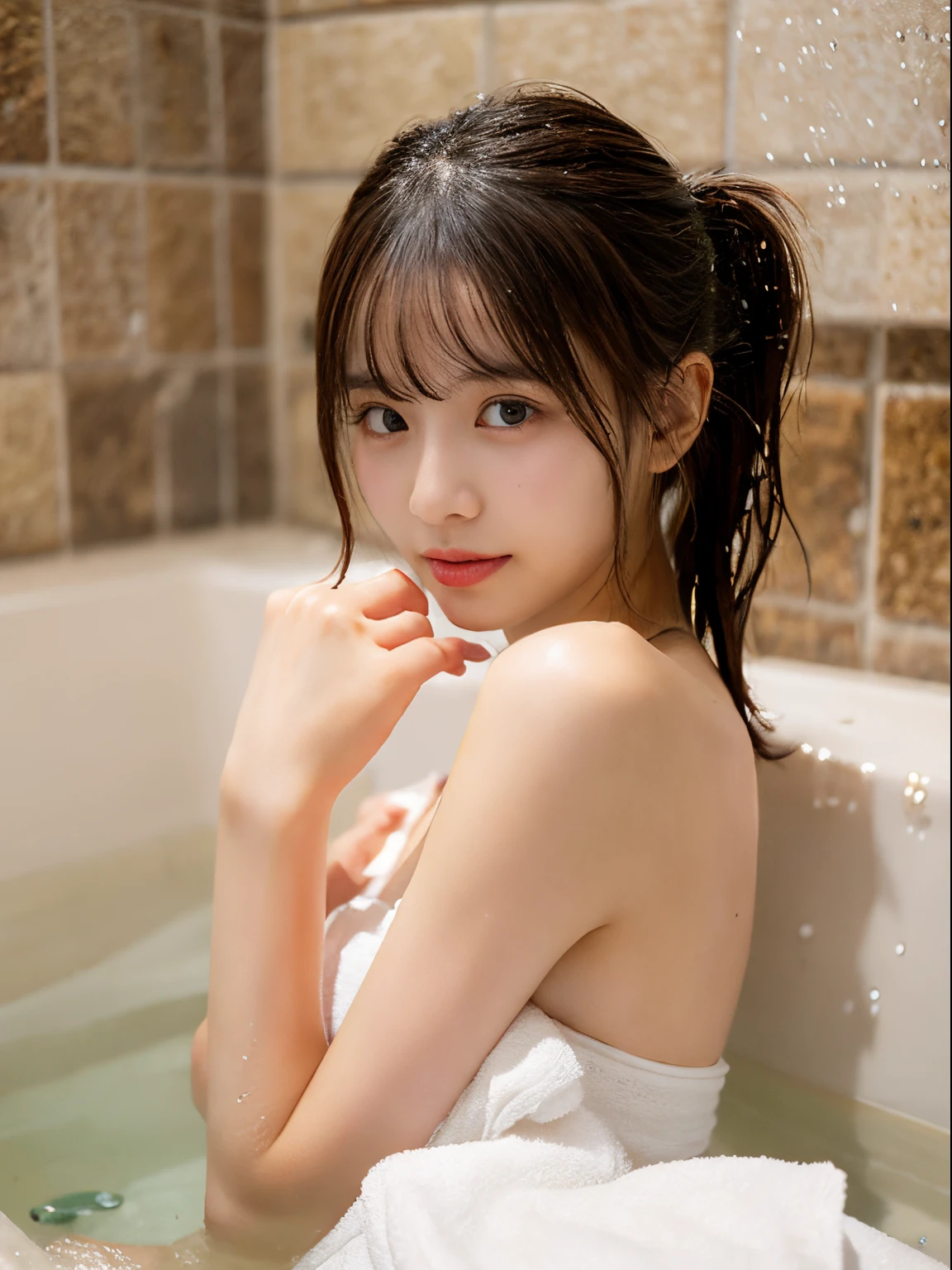 in 8K、top-quality、​masterpiece、ultra-detailliert、Ultra-high resolution、1 persons、17 years old girl、A dark-haired、poneyTail、二重まぶた、浴室、a shower、(Wrap a white bath towel around your body)、(wetting hair)、((wetted skin))、(water dripping)、turned around