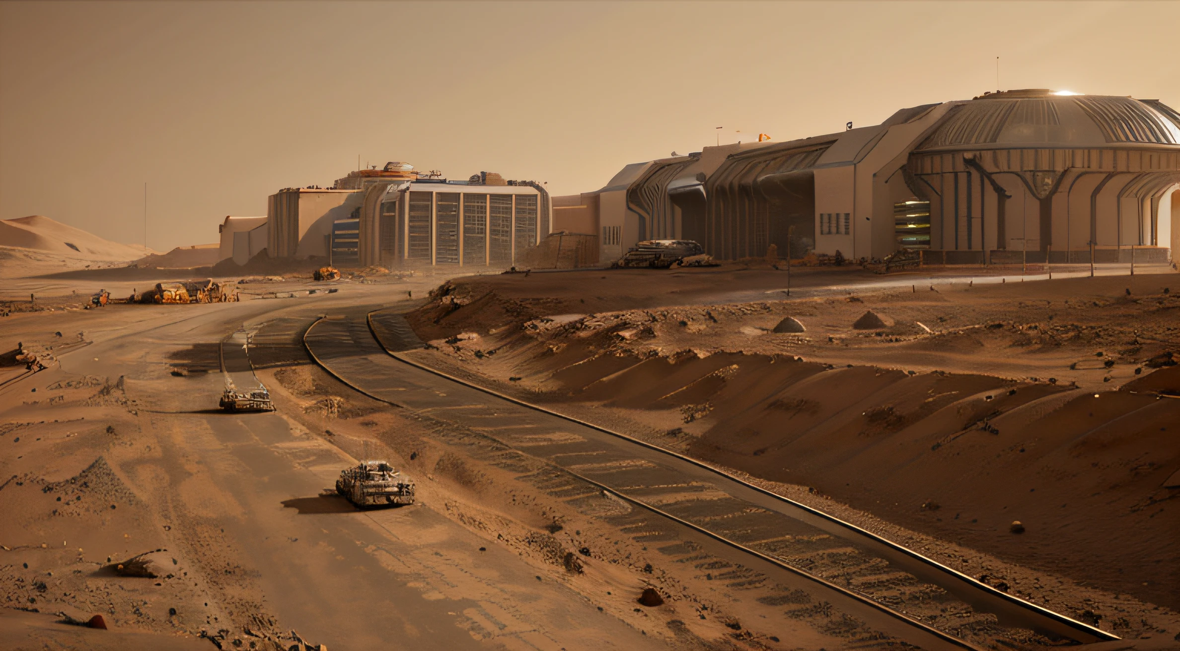 On Mars，Many industrial machines are building Mars scientific research buildings and roads，Bridges，high-tech aircraft，Mars daytime，Construction machinery details，basic architectural details，super wide shot，High realism，lightand shade contrast，