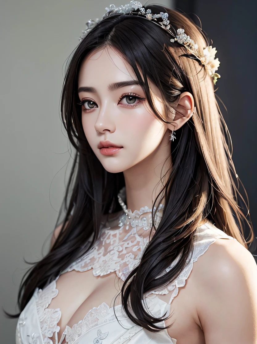 (top-quality、masterpiece、ultra-detailliert、hight resolution、realisitic、Photorealsitic、Extremely delicate and beautiful、amazing fine details、The best illustrations、Dramatic Lighting、foco nítido)、Stunning portrait of a beautiful woman、3/5 shots、(real picture、Intricate details、depth of fields)、High-neck clothes、Parted Lip、ighly detailed、Perfect face、Perfect body、Detailed hand depiction、Large models、Mature Woman、tall、Long legs、Natural background bokeh、CYB Dresses